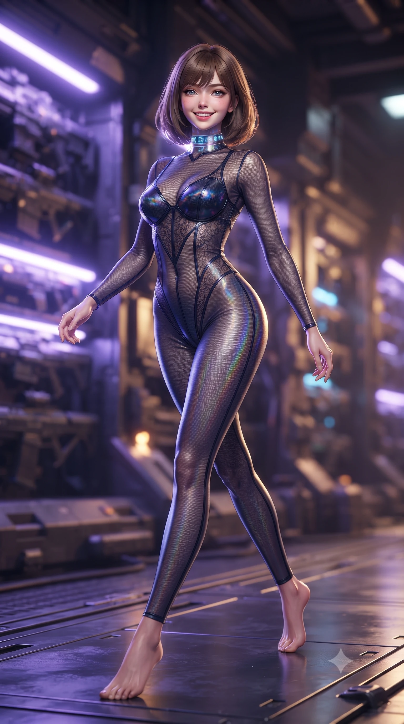 score_9, masterpiece, best quality, ultra-detailed, high-budget anime keyframe, editorial fashion photography, tasteful artistic composition, Caucasian woman. low angle full-body shot from head to toe showing her feet, filling the entire 9:16 vertical frame with her statuesque presence, stretching her vertical silhouette. striding forward gracefully across the reflective metal deck in mid-motion with a radiant beaming smile, hips swaying in an alluring kinetic rhythm that accentuates her curvy hourglass silhouette and long slender legs while twisting her slender torso in an alluring S-curve amidst charging plasma cells, electric violet energy tracing her narrow waist and curvy hips. The background shows a soft-focus hundreds of futuristic plasma carbines and heavy railguns locked in glowing charging bays blurred into violet, amber, and gunmetal bokeh. She has an absolutely perfect, statuesque 8.5-heads proportion, an exceptionally tall and slender model-like female figure with impossibly long slender legs, an ultra-slim waist, a flat toned midriff, narrow delicate ribcage, and beautifully sculpted feminine hips creating a graceful, slim hourglass silhouette without any bulky heaviness. sharp v-shaped jawline, high-bridge nose, intricate jewel-like sparkling eyes with depth, thick eyelashes, glossy parted lips with a natural sheen, bright confident smile with an enchanting and coquettish sensual glint, exuding both youthful magnetic charm and sovereign high-tech allure, flawlessly proportioned anatomical accuracy, strict slender model proportions, natural body alignment, perfectly sculpted long slender limbs, ultra-slim waistline, clean dynamic posture without body distortion. wearing a form-contouring semi-opaque dark mesh catsuit with carbon-plated cups and fine lace-pattern panels across her torso in midnight navy blue and holographic iridescent shimmer, woven from layered gossamer holographic organza casting chromatic prism reflections, complemented by a high-tech holographic choker projecting miniature glyphs, the liquid-tight tailored fabric clinging flawlessly to her narrow waist and rounded feminine hips, emphasizing every millimeter of her sculpted slim hourglass curves without any bulky heaviness. bathed in intense violet and electric blue plasma charging glow contrasting with industrial shadows. ultra-reflective glossy finish, specular highlights, rich textural contrasts, high-contrast stereoscopic depth, volumetric dynamic lighting, 2k, ultra detail, master piece, 9:16 ratio
