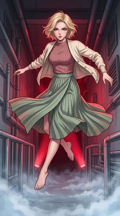 score_9, masterpiece, best quality, ultra-detailed, high-budget anime keyframe, clean line-art, cel-shading, Caucasian woman, strictly human ears. low angle full-body shot from head to toe showing her feet, filling the entire 9:16 vertical frame with