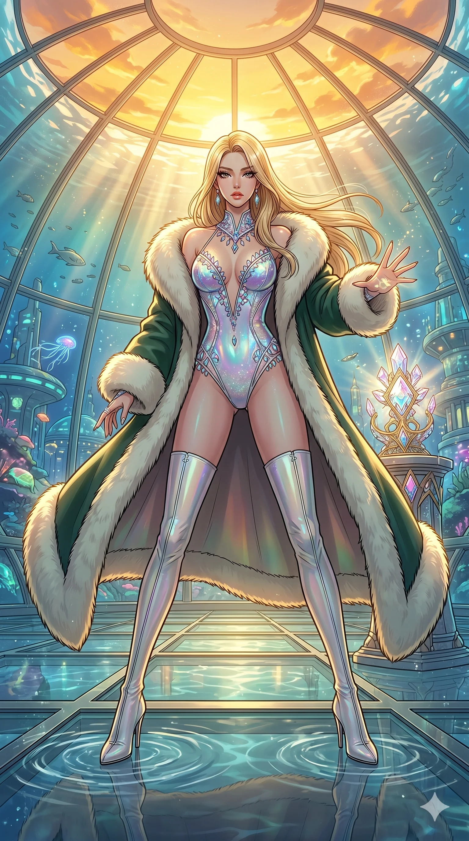 score_9, masterpiece, best quality, ultra-detailed, high-budget anime movie keyframe, cinematic anime lighting, intricate line art, Korean woman. Low angle cowboy shot filling the entire 9:16 frame with her statuesque presence. defending a sacred relic in a underwater city dome during a golden sunset. She has an absolutely perfect 8-heads proportion, an exceptionally tall and slender female figure with an ultra-slim waist and impossibly long slender legs. sharp v-shaped jawline, high-bridge nose, intricate jewel-like eyes, thick eyelashes, glossy lips. Wearing seasonal winter-couture featuring a plush oversized faux-fur coat worn over a skin-tight crystalline leotard and thigh-high stiletto boots. The scene is illuminated by dramatic atmospheric lighting and vibrant color palettes. , 2k, ultra detail, master piece, 9:16 ratio