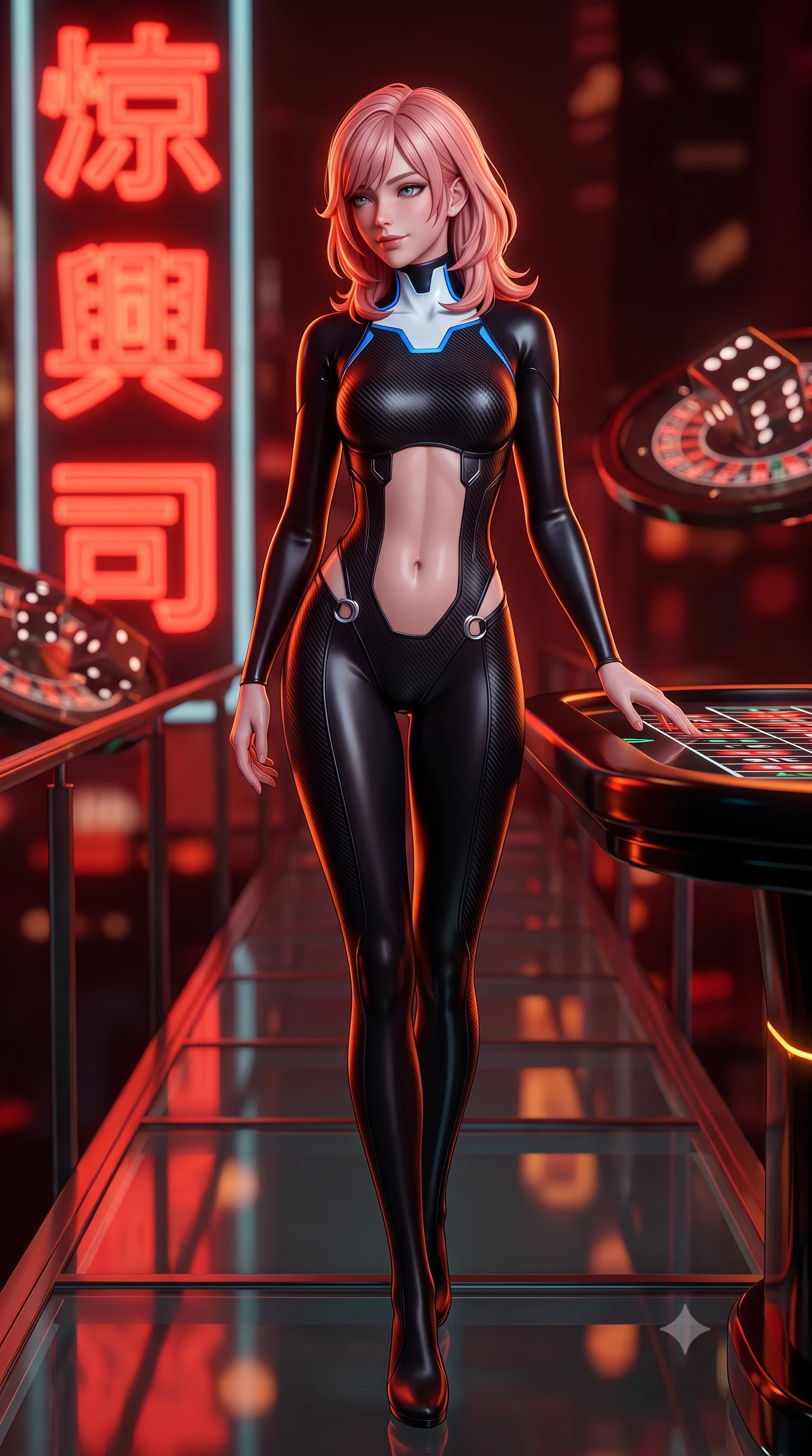 score_9, masterpiece, best quality, ultra-detailed, high-budget anime keyframe, semi-realistic 3D game render, editorial fashion photography, tasteful artistic composition, Japanese woman. low angle full-body shot from head to toe showing her feet, filling the entire 9:16 vertical frame with her statuesque presence, stretching her vertical silhouette. walking slowly along the transparent glass skybridge, looking back over her shoulder with an air of effortless grace and an alluring, smoldering smile while leaning over the glossy black hologram roulette table with hips cocked back, arching her spine with dangerous seductive glamour. The background shows a soft-focus massive vertical red neon kanji signs and floating holographic dice tables blurred into deep scarlet, vermilion, and obsidian bokeh. She has an absolutely perfect, statuesque 8.5-heads proportion, an exceptionally tall and slender model-like female figure with impossibly long slender legs, an ultra-slim waist, a flat toned midriff, narrow delicate ribcage, and beautifully sculpted feminine hips creating a graceful, slim hourglass silhouette without any bulky heaviness. sharp v-shaped jawline, high-bridge nose, intricate jewel-like sparkling eyes with depth, thick eyelashes, glossy parted lips with a natural sheen, bright confident smile with an enchanting and coquettish sensual glint, exuding both youthful magnetic charm and sovereign high-tech allure, flawlessly proportioned anatomical accuracy, strict slender model proportions, natural body alignment, perfectly sculpted long slender limbs, ultra-slim waistline, clean dynamic posture without body distortion. wearing a form-contouring cybernetic combat suit in matte black latex and carbon fiber, tracing her willowy silhouette with a high neck in arctic snowflake white and electric plasma blue, crafted from lightweight aerodynamic matte carbon-fiber weave with structural stiffness, finished with sharp laser-cut side ventilation slits framed by silver hardware rings, the form-contouring cut accentuating her sculpted flat midriff, narrow delicate ribcage, and gracefully curvy hips with cybernetic supermodel precision. bathed in intense crimson and deep amber low-key neon accent lighting. highly saturated vibrant anime colors, detailed shading with soft gradients, rich glossy textures, high-contrast stereoscopic depth, volumetric dynamic lighting, master piece, 9:16 ratio