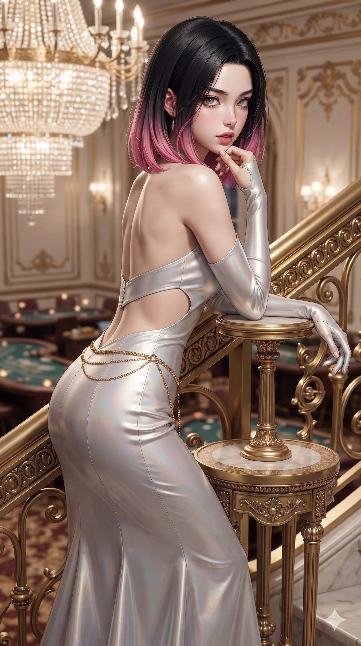 score_9, masterpiece, best quality, ultra-detailed, high-budget anime keyframe, editorial fashion photography, tasteful artistic composition, Korean woman. close-up cowboy shot from the waist and thighs up, the character dominates the composition, filling the frame with her large presence. resting one elbow on the table and supporting her chin, leaning close to the camera with heavy-lidded sparkling eyes and parted lips while pausing mid-stair against the ornate gilded brass handrail with hips cocked back, glancing over a bare shoulder with smoldering bedroom-eyes. The composition keeps background elements in soft focus with creamy bokeh: monumental cascading crystal chandeliers, gilded rococo wall moldings, and distant high-roller casino gaming tables blurred into champagne, ruby, and gold bokeh. She has an exceptionally elegant, slender, and willowy female figure with an ultra-slim waist, flat toned midriff, narrow ribcage, and sculpted feminine hips creating an alluring, slim hourglass silhouette without bulk. sharp v-shaped jawline, high-bridge nose, intricate jewel-like eyes with depth, thick eyelashes, glossy parted lips with a natural sheen, intensely captivating and seductive bedroom-eyes expression, flawlessly proportioned anatomical accuracy, strict slender model proportions, natural body alignment, perfectly sculpted long slender limbs, ultra-slim waistline, clean dynamic posture without body distortion. wearing a sculptured liquid-satin mermaid gown with an architectural open-waist cutout and bare spine descending to the tailbone in iridescent mother-of-pearl and liquid molten silver, tailored from heavy Italian silk mikado with an architectural structured drape, accented with a delicate gold chain belt resting loosely on her curvy hips, the glove-like clinging cut tightly following the natural contour of her hips and long slender legs with youthful 8.5-heads elegance. illuminated by crisp directional spotlights sharply defining her sculpted collarbones, ultra-slim waist, and curvy hips. ultra-reflective glossy finish, specular highlights, rich textural contrasts, high-contrast stereoscopic depth, volumetric dynamic lighting, 2k, ultra detail, master piece, 9:16 ratio