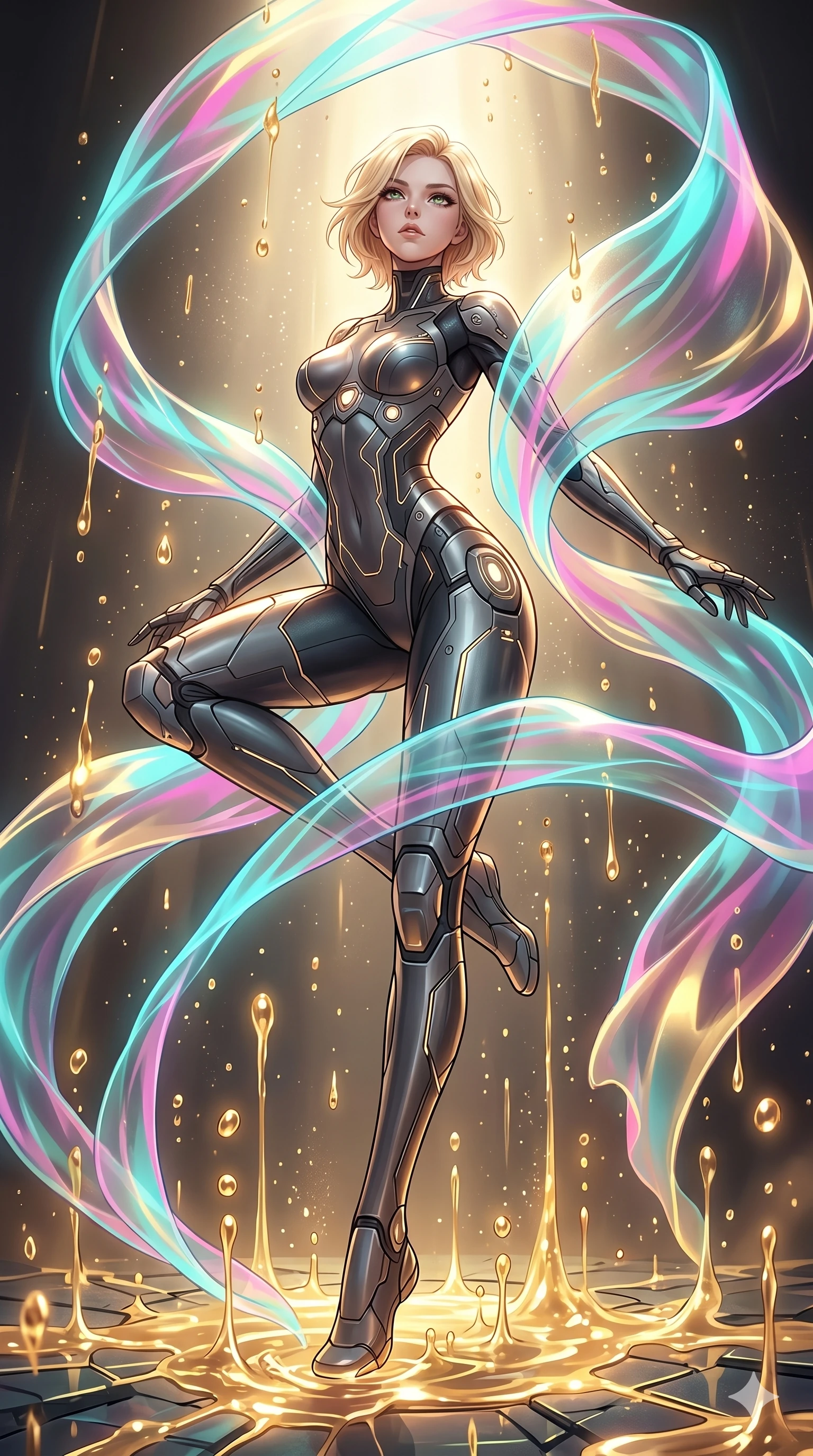 score_9, masterpiece, best quality, ultra-detailed, high-budget anime keyframe, Korean woman. low angle full-body shot filling the entire 9:16 frame with her statuesque presence, stretching the vertical silhouette. dodging ethereal liquid gold rain that rises upward from the ground in warm shimmering droplets under an inverted gravity field. She has an absolutely perfect 8-heads proportion, an exceptionally tall and slender female figure with impossibly long slender legs and an ultra-slim waist. V-shaped jawline, high-bridge nose, intricate jewel-like eyes with depth, thick eyelashes, glossy lips with a natural sheen.. wearing a cybernetic bodysuit with a holographic ribbon, featuring a skin-tight contouring bodysuit wrapped in a translucent flowing holographic organza ribbon. illuminated by dramatic chiaroscuro casting soft shadows along her curves, with vibrant backlighting highlighting the dust particles. 2k, ultra detail, master piece, 9:16 ratio
