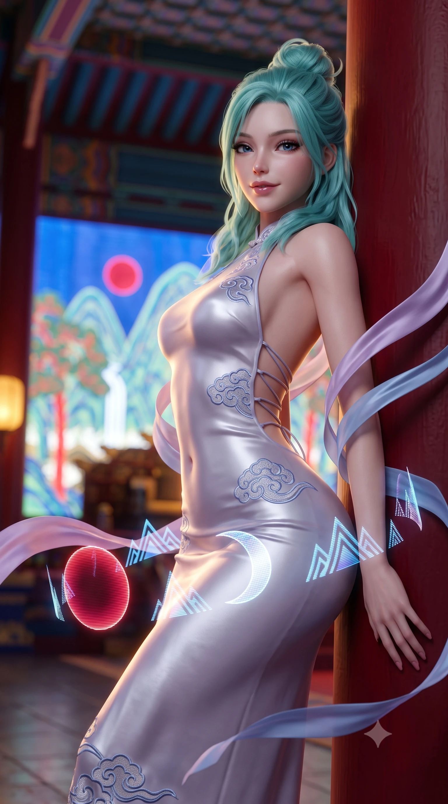 score_9, masterpiece, best quality, ultra-detailed, high-budget anime keyframe, semi-realistic 3D game render, editorial fashion photography, tasteful artistic composition, Japanese woman. close-up cowboy shot from the waist and thighs up, the character dominates the composition, filling the frame with her large presence. leaning back against the red lacquer pillar with relaxed seductive grace, her flat midriff and narrow waist highlighted as warm lantern light traces her curves while twisting her slender torso in an alluring contrapposto stance, floating digital symbols of the Sun, Moon, and Five Peaks wrapping around her hips. The background shows a soft-focus the colossal holographic Sun, Moon, and Five Peaks screen and soaring royal ceiling rafters blurred into imperial crimson, sapphire, and gold bokeh. She has an exceptionally elegant, slender, and willowy female figure with an ultra-slim waist, flat toned midriff, narrow ribcage, and sculpted feminine hips creating an alluring, slim hourglass silhouette without bulk. sharp v-shaped jawline, high-bridge nose, intricate jewel-like dark sparkling almond eyes with depth, thick lashes, glossy parted lips with a natural rose-plum sheen, bright alluring and coquettish smile with bedroom-eyes, exuding both timeless oriental elegance and sovereign high-fashion allure, flawlessly proportioned anatomical accuracy, strict slender model proportions, natural body alignment, perfectly sculpted long slender limbs, ultra-slim waistline, clean dynamic posture without body distortion. wearing a backless lace-up silk sundress with traditional cloud embroidery and an ultra-fitted hip-hugging silhouette in frosted lilac mist and pearlescent alabaster, crafted from heavy fluid silk satin with a liquid mirror-like sheen, accented with flowing gossamer silk ribbons that flutter dynamically in the evening breeze, the high-waisted wrap tailoring accentuating her ultra-slim waistline and the enchanting curve of her feminine hips with alluring oriental charm. bathed in majestic royal gold and sapphire light radiating from the holographic throne backdrop. highly saturated vibrant anime colors, detailed shading with soft gradients, rich glossy textures, high-contrast stereoscopic depth, volumetric dynamic lighting, master piece, 9:16 ratio