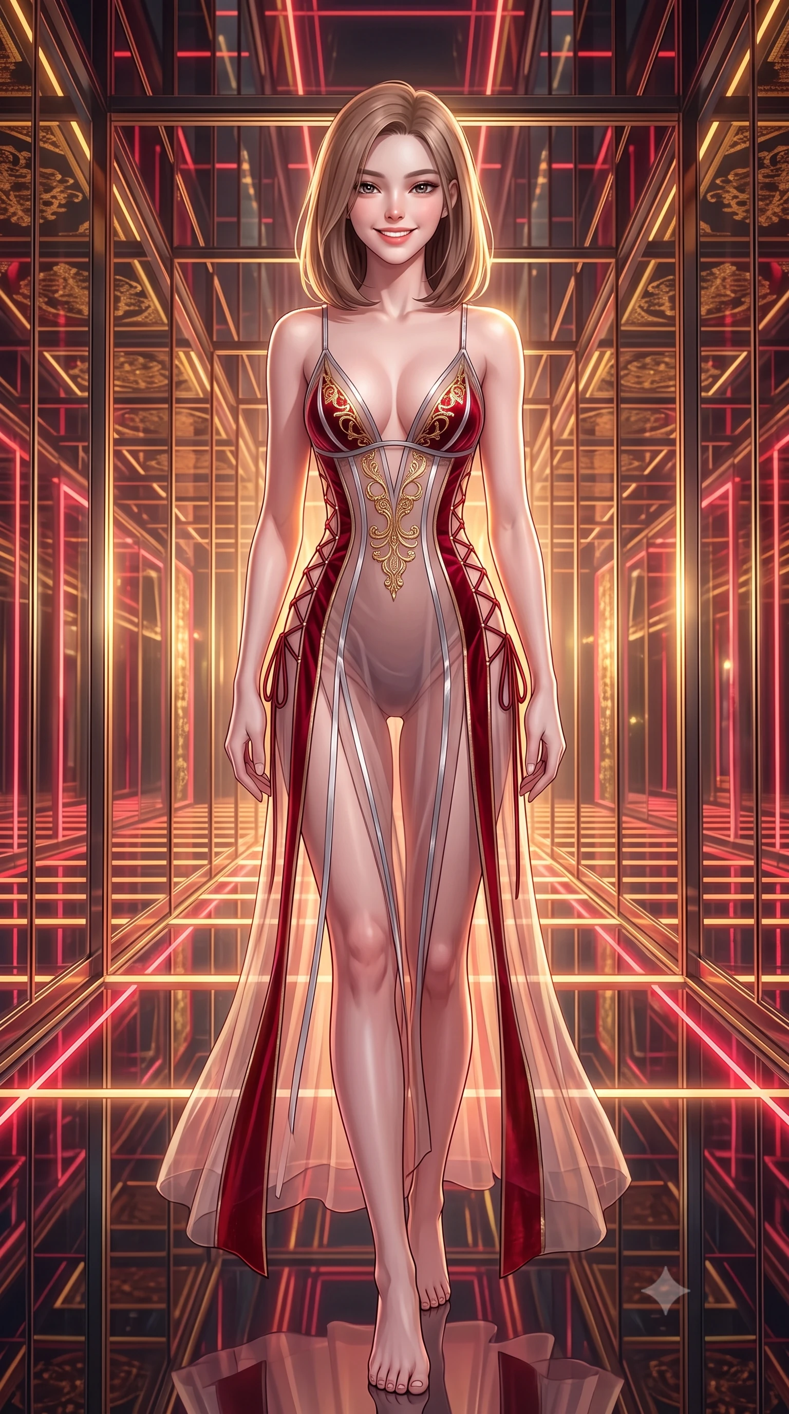 score_9, masterpiece, best quality, ultra-detailed, high-budget anime keyframe, semi-realistic 3D game render, editorial fashion photography, tasteful artistic composition, Korean woman. low angle full-body shot from head to toe showing her feet, filling the entire 9:16 vertical frame with her statuesque presence, stretching her vertical silhouette. stepping slowly toward the camera with hypnotic grace, hips swaying in an alluring sensual rhythm that accentuates her curvy hourglass silhouette and long slender legs while standing poised in the infinite smart-mirror gallery reflecting endless recursive laser corridors, arching her spine with breathtaking anime heroine allure. The surrounding environment is rendered in vivid detail and crisp panoramic clarity: detailed anime styling, glossy highlights, and royal cybernetic palace craft in high resolution. She has an exceptionally tall and slender model-like 8.5-heads proportion, an ultra-slim waist, a flat toned midriff, narrow delicate ribcage, and beautifully sculpted feminine hips creating a graceful, slim hourglass silhouette without any bulky heaviness, with impossibly long slender legs. sharp v-shaped jawline, high-bridge nose, intricate jewel-like sparkling eyes with depth, thick eyelashes, glossy parted lips with a natural peach sheen, bright cheerful beaming smile with an enchanting and coquettish sensual glint, exuding both youthful cute charm and seductive allure, flawlessly proportioned anatomical accuracy, strict slender model proportions, natural body alignment, perfectly sculpted long slender limbs, ultra-slim waistline, clean dynamic posture without body distortion. wearing a plunge-front sheer illusion tulle slip dress with liquid platinum ribbon stripes hugging her curves in Cyber-Baroque gilded gold and royal crimson velvet, made of sheer gossamer chiffon that drapes softly against skin with airy translucence, featuring fine criss-cross lace-up side ties revealing tantalizing glimpses of her hip curve, the bespoke structured tailoring following the natural line of her 8.5-heads silhouette with refined elegance. illuminated by mirror reflection bounce and sharp sunburst-gold rim lights defining her jawline, narrow waist, and curvy hips. highly saturated vibrant anime colors, detailed shading with soft gradients, rich glossy textures, high-contrast stereoscopic depth, volumetric dynamic lighting, master piece, 9:16 ratio