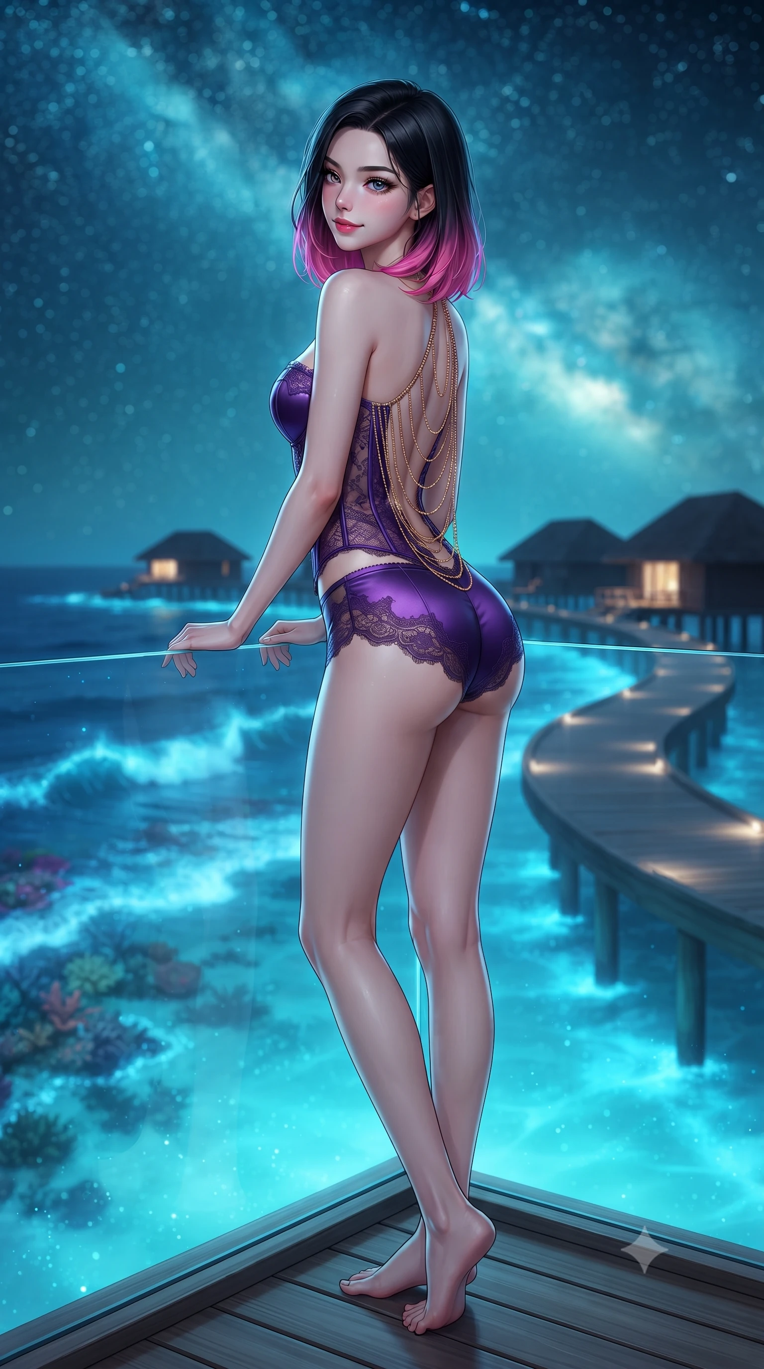 score_9, masterpiece, best quality, ultra-detailed, high-budget anime keyframe, editorial fashion photography, tasteful artistic composition, Korean woman. low angle full-body shot from head to toe showing her feet, filling the entire 9:16 vertical frame with her statuesque presence, stretching her vertical silhouette. executing a slow, graceful pivot turn as her skirt sways around her slender legs, glancing back with an enchanting, teasing sensual expression while leaning over the glass infinity rim with hips cocked back, looking out into the starlit Indian Ocean with smoldering bedroom-eyes. The background shows a soft-focus neon-blue glowing bioluminescent waves crashing on distant coral reefs, silhouettes of overwater bungalows on winding wooden boardwalks, and Milky Way core blurred into electric cyan, turquoise, and obsidian bokeh. She has an absolutely perfect, statuesque 8.5-heads proportion, an exceptionally tall and slender model-like female figure with impossibly long slender legs, an ultra-slim waist, a flat toned midriff, narrow delicate ribcage, and beautifully sculpted feminine hips creating a graceful, slim hourglass silhouette without any bulky heaviness. sharp v-shaped jawline, high-bridge nose, sparkling eyes with hypnotic seductive depth, thick curled eyelashes, glossy parted lips with a natural dewy peach sheen, alluring bedroom-eyes with an enchanting coquettish smile, exuding magnetic siren charisma and sophisticated glamour, flawlessly proportioned anatomical accuracy, strict slender model proportions, natural body alignment, perfectly sculpted long slender limbs, ultra-slim waistline, clean dynamic posture without body distortion. wearing a strapless boned satin corset bodice paired with low-waisted tailored satin hot-pants in royal amethyst purple and gilded bronze, made of delicate semi-sheer French Chantilly lace with intricate eyelash edges, accented with an open-back drape framed by falling strands of delicate gold chains, the liquid-tight tailored fabric clinging flawlessly to her narrow waist and rounded feminine hips, emphasizing every millimeter of her sculpted slim hourglass curves without any bulky heaviness. bathed in supernatural glowing neon-cyan light radiating upward from bioluminescent lagoon waters mixed with celestial starlight. ultra-reflective glossy finish, specular highlights, rich textural contrasts, high-contrast stereoscopic depth, volumetric dynamic lighting, 2k, ultra detail, master piece, 9:16 ratio