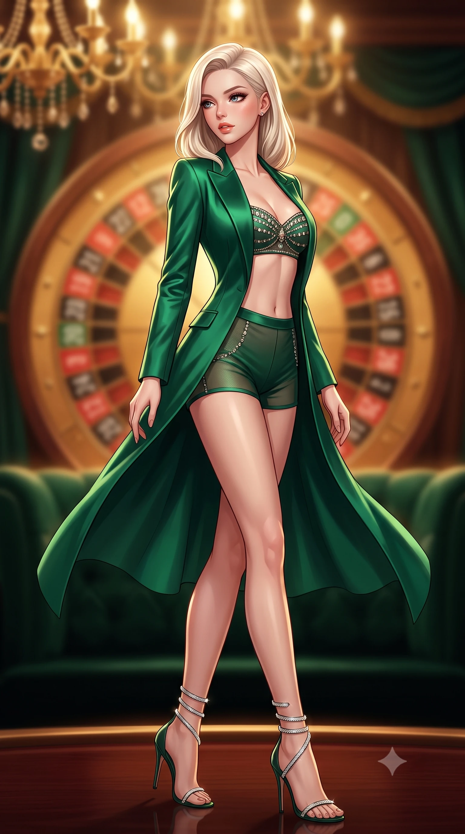 score_9, masterpiece, best quality, ultra-detailed, high-budget anime keyframe, semi-realistic 3D game render, editorial fashion photography, tasteful artistic composition, Caucasian woman. low angle full-body shot from head to toe showing her feet, filling the entire 9:16 vertical frame with her statuesque presence, stretching her vertical silhouette. executing a slow, graceful pivot turn as her skirt sways around her slender legs, glancing back with an enchanting, teasing sensual expression while twisting her slender torso in an alluring contrapposto stance, glittering gold chandeliers and deep green velvet reflections sculpting her curves. The background shows a soft-focus croupier wheel blur softened in ultra-exclusive high-stakes shallow focus. She has an absolutely perfect, statuesque 8.5-heads proportion, an exceptionally tall and slender model-like female figure with impossibly long slender legs, an ultra-slim waist, a flat toned midriff, narrow delicate ribcage, and beautifully sculpted feminine hips creating a graceful, slim hourglass silhouette without any bulky heaviness. sharp v-shaped jawline, high-bridge nose, sparkling eyes with hypnotic seductive depth, thick curled eyelashes, glossy parted lips with a natural dewy peach sheen, alluring bedroom-eyes with an enchanting coquettish smile, exuding magnetic siren charisma and sophisticated glamour, flawlessly proportioned anatomical accuracy, strict slender model proportions, natural body alignment, perfectly sculpted long slender limbs, ultra-slim waistline, clean dynamic posture without body distortion. wearing a tailored open-front satin smoking jacket worn over a jewel-embellished bandeau and micro-shorts in Monaco casino emerald and royal champagne, made of semi-opaque stretch illusion mesh with soft shadowy contours, complemented by strappy stiletto sandals with crystal ankle wraps accentuating her slender calves, the liquid-tight tailored fabric clinging flawlessly to her narrow waist and rounded feminine hips, emphasizing every millimeter of her sculpted slim hourglass curves without any bulky heaviness. illuminated by mahogany table surface bounce and sharp royal-gold rim lights defining her razor-sharp jawline, narrow waist, and curvy hips. highly saturated vibrant anime colors, detailed shading with soft gradients, rich glossy textures, high-contrast stereoscopic depth, volumetric dynamic lighting, master piece, 9:16 ratio