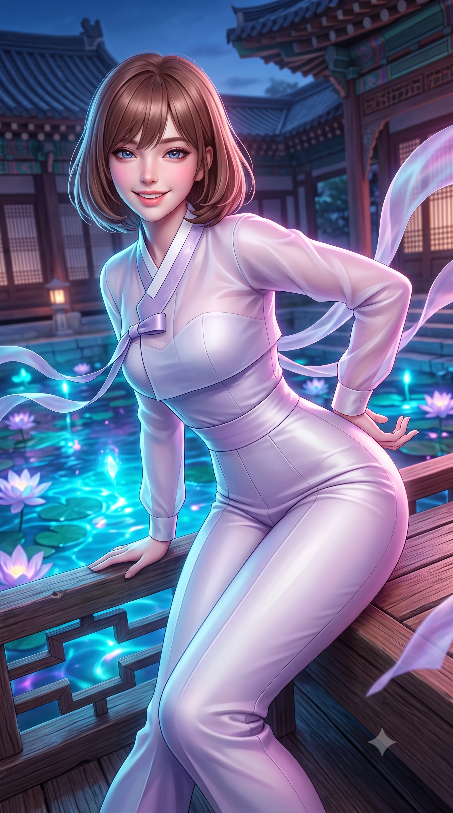 score_9, masterpiece, best quality, ultra-detailed, high-budget anime keyframe, semi-realistic 3D game render, editorial fashion photography, tasteful artistic composition, Caucasian woman. close-up cowboy shot from the waist and thighs up, the character dominates the composition, filling the frame with her large presence. resting both hands lightly behind her back while leaning toward the lens with a cheerful, teasing grin, her form-fitting fusion dress hugging her narrow waist and hip curve while lounging gracefully across a wooden landing platform propped on one arm, her long slender legs and hourglass curves radiating fantasy allure. The surrounding environment is rendered in vivid detail and crisp panoramic clarity: detailed flowing silk gown drape, bioluminescent reflections on skin, and sacred sanctuary architecture in razor-sharp precision. She has an exceptionally elegant, slender, and willowy female figure with an ultra-slim waist, flat toned midriff, narrow ribcage, and sculpted feminine hips creating an alluring, slim hourglass silhouette without bulk. sharp v-shaped jawline, high-bridge nose, intricate jewel-like dark sparkling almond eyes with depth, thick lashes, glossy parted lips with a natural rose-plum sheen, bright alluring and coquettish smile with bedroom-eyes, exuding both timeless oriental elegance and sovereign high-fashion allure, flawlessly proportioned anatomical accuracy, strict slender model proportions, natural body alignment, perfectly sculpted long slender limbs, ultra-slim waistline, clean dynamic posture without body distortion. wearing a sheer technical mesh and silk hanbok blouse worn over a sculpted sweetheart bustier with high-waisted tailored silk trousers in frosted lilac mist and pearlescent alabaster, made of supple second-skin stretch silk jersey clinging flawlessly to her form, accented with flowing gossamer silk ribbons that flutter dynamically in the evening breeze, the precision-cut side hip slits and low-back scoop framing her graceful spine and the sensual sweep of her slim, toned hips. bathed in magical cyan and violet bioluminescent light radiating from the lotus pond. highly saturated vibrant anime colors, detailed shading with soft gradients, rich glossy textures, high-contrast stereoscopic depth, volumetric dynamic lighting, master piece, 9:16 ratio