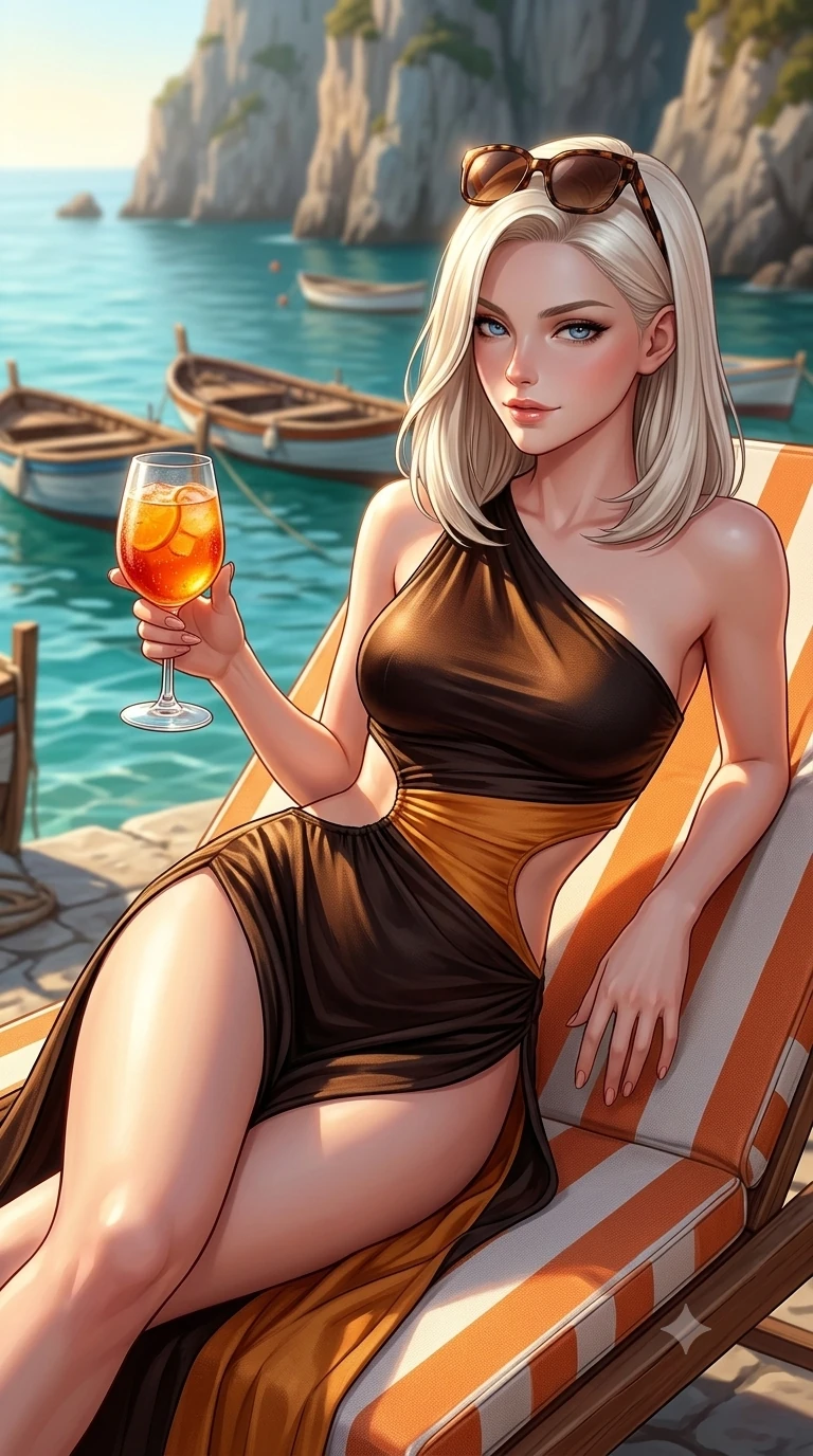 score_9, masterpiece, best quality, ultra-detailed, high-budget anime keyframe, semi-realistic 3D game render, editorial fashion photography, tasteful artistic composition, Caucasian woman. close-up cowboy shot from the waist and thighs up, the character dominates the composition, filling the frame with her large presence. twisting her slender torso in a deep contrapposto stance, hips dramatically shifted to accentuate her feminine curves while looking past her shoulder with smoldering bedroom-eyes while reclining on an orange-and-white striped sun lounger propped on one elbow, holding an Aperol spritz with sovereign high-society charm and bedroom-eyes. The background shows a soft-focus wooden fishing skiffs softened in picturesque Italian coastal shallow focus. She has an exceptionally elegant, slender, and willowy female figure with an ultra-slim waist, flat toned midriff, narrow ribcage, and sculpted feminine hips creating an alluring, slim hourglass silhouette without bulk. sharp v-shaped jawline, high-bridge nose, sparkling eyes with hypnotic seductive depth, thick curled eyelashes, glossy parted lips with a natural dewy peach sheen, alluring bedroom-eyes with an enchanting coquettish smile, exuding magnetic siren charisma and sophisticated glamour, flawlessly proportioned anatomical accuracy, strict slender model proportions, natural body alignment, perfectly sculpted long slender limbs, ultra-slim waistline, clean dynamic posture without body distortion. wearing an asymmetric one-shoulder liquid jersey resort gown with dramatic hip-high slit and waist cutout in dark espresso leather and warm amber highlights, woven from bespoke sun-bleached selvedge linen with rich tactile slub texture, complemented by oversized designer tortoiseshell sunglasses resting atop her head, the liquid-tight tailored fabric clinging flawlessly to her narrow waist and rounded feminine hips, emphasizing every millimeter of her sculpted slim hourglass curves without any bulky heaviness. bathed in brilliant Mediterranean late afternoon sunshine reflecting off the vertical cliff face and turquoise sea. highly saturated vibrant anime colors, detailed shading with soft gradients, rich glossy textures, high-contrast stereoscopic depth, volumetric dynamic lighting, master piece, 9:16 ratio