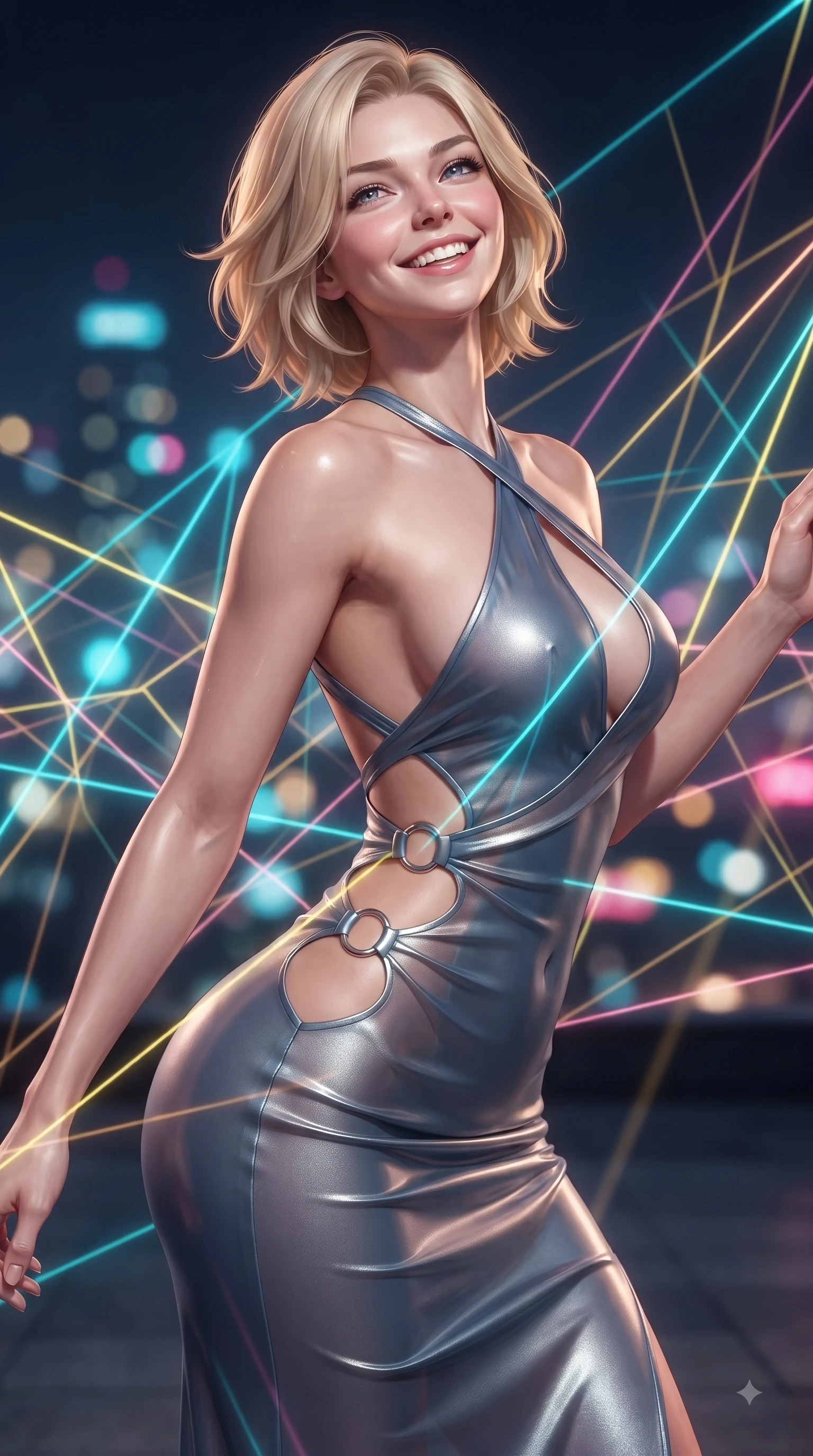 score_9, masterpiece, best quality, ultra-detailed, high-budget anime keyframe, editorial fashion photography, tasteful artistic composition, Caucasian woman. close-up cowboy shot from the waist and thighs up, the character dominates the composition, filling the frame with her large presence, background elements kept in soft focus. Tilting her chin up with a beaming smile of pure delight while balancing dynamically amidst the scene while pivoting her torso in a dynamic S-curve alignment as light threads pulse with happiness, fluorescent cyan, yellow, pink, and gold light threads crossing in 3D space. She has an exceptionally elegant, slender, and willowy female figure with an ultra-slim waist, a gracefully sculpted slender torso, and a refined silhouette. sharp v-shaped jawline, high-bridge nose, intricate jewel-like eyes with depth, thick eyelashes, glossy lips with a natural sheen, flawlessly proportioned anatomical accuracy, natural body alignment, perfectly sculpted elegant limbs, clean dynamic posture without body distortion. wearing a deep-scoop halter bodycon dress with hip cutouts connected by silver rings in slate blue and metallic silver, woven from fine semi-opaque sheer organza, complemented by criss-cross back straps highlighting her bare shoulders, the tailored fabric tightly following every curve of her athletic build. surrounded by a vibrant fluorescent aura with bright specular rim lights. ultra-reflective glossy finish, specular highlights, metallic sheen, high-contrast stereoscopic depth, volumetric dynamic lighting, 2k, ultra detail, master piece, 9:16 ratio