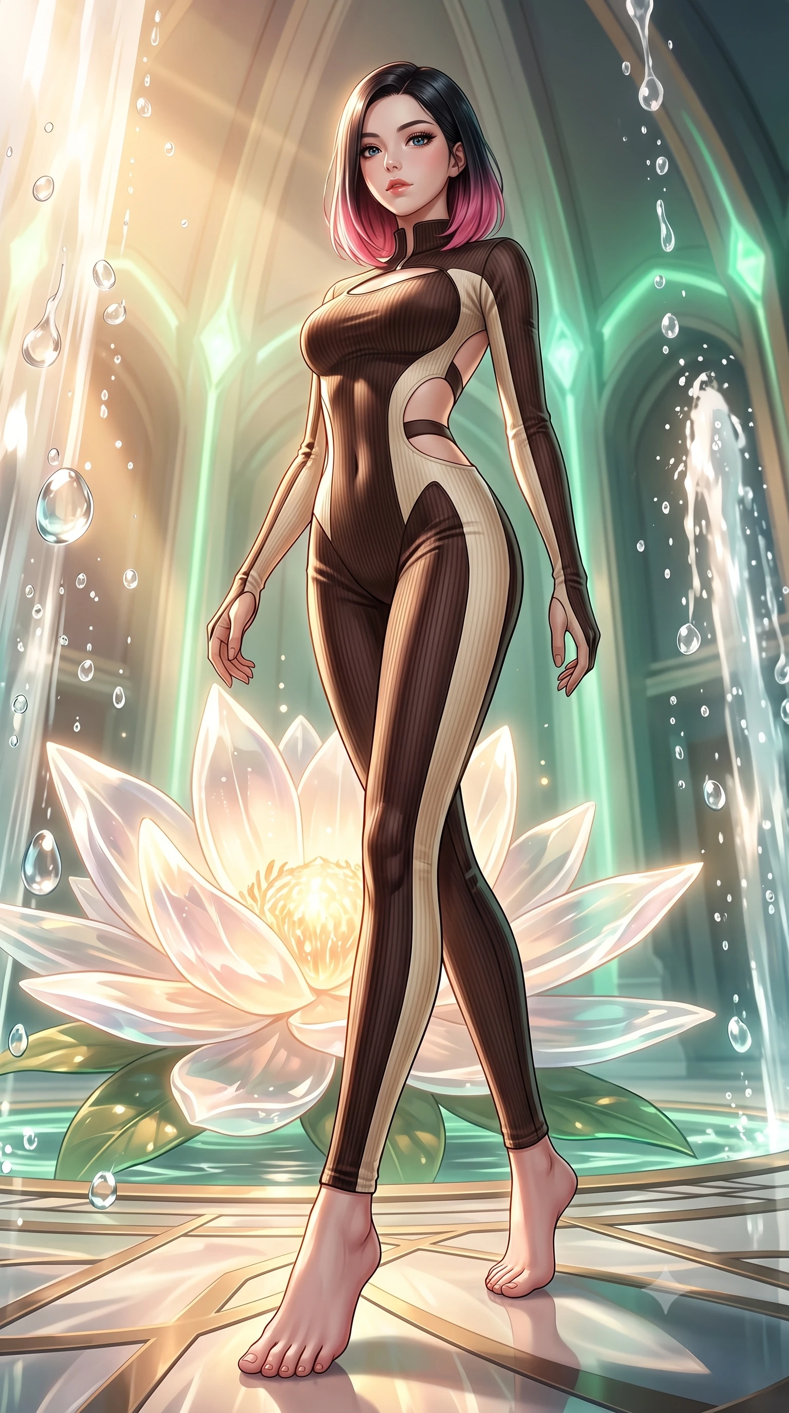 score_9, masterpiece, best quality, ultra-detailed, high-budget anime keyframe, editorial fashion photography, tasteful artistic composition, Korean woman. low angle full-body shot from head to toe showing her feet, filling the entire 9:16 vertical frame with her statuesque presence, stretching her vertical silhouette. navigating the luminous space with effortless poise, displaying her perfect model proportions resting near a giant solar-powered crystal flower emitting soft warm light, translucent water droplets cascading down platinum fountains. She has an absolutely perfect, statuesque 8.5-heads proportion, an exceptionally tall and slender model-like female figure with impossibly long slender legs and an ultra-slim waist. sharp v-shaped jawline, high-bridge nose, intricate jewel-like eyes with depth, thick eyelashes, glossy lips with a natural sheen. wearing a form-fitting ribbed activewear set with collar cutouts in espresso brown and warm cream, made of premium stretch velvet with a rich sheen, featuring clean architectural cutouts along her slender torso, the glove-like fit emphasizing her statuesque silhouette. bathed in warm golden sunlight and soft emerald bioluminescent glow. highly saturated vibrant anime colors, detailed shading with soft gradients, rich glossy textures, high-contrast stereoscopic depth, volumetric dynamic lighting, master piece, 9:16 ratio