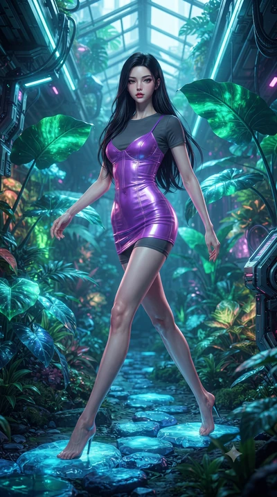 score_9, masterpiece, best quality, ultra-detailed, High-budget Anime Keyframe, editorial fashion photography, tasteful artistic composition, realistic cosplay photography, East Asian woman. Dynamic full-body shot stretching the vertical silhouette t