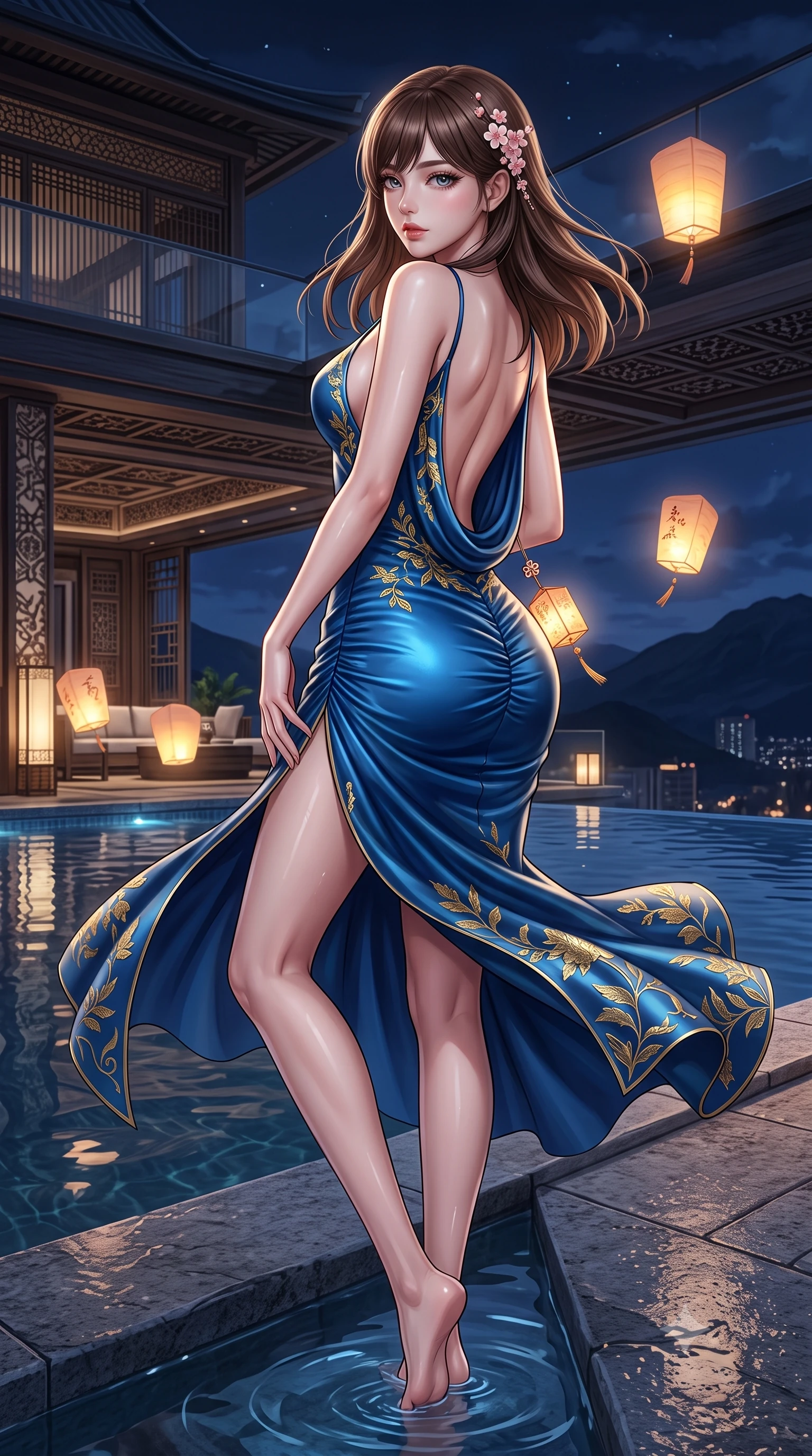 score_9, masterpiece, best quality, ultra-detailed, high-budget anime keyframe, semi-realistic 3D game render, editorial fashion photography, tasteful artistic composition, Korean woman. low angle full-body shot from head to toe showing her feet, filling the entire 9:16 vertical frame with her statuesque presence, stretching her vertical silhouette. executing an elegant mid-motion pivot turn as garments swirl around her slender limbs, glancing over her shoulder with an intoxicating bedroom-gaze while sitting on the stone infinity pool edge with legs dipped in water, turning her upper body in an alluring S-curve toward the camera. The surrounding environment is rendered in vivid detail and crisp panoramic clarity. atmospheric nocturnal thermal chiaroscuro and private mountain-view skylounge luxury in precision. She has an absolutely perfect, statuesque 8.5-heads proportion, an exceptionally tall and slender model-like female figure with impossibly long slender legs, a toned flat midriff, an ultra-slim waist, and beautifully sculpted feminine hips. sharp v-shaped jawline, high-bridge nose, intricate jewel-like eyes with depth, thick eyelashes, glossy parted lips with a natural sheen, intensely captivating and seductive bedroom-eyes expression, flawlessly proportioned anatomical accuracy, strict slender model proportions, natural body alignment, perfectly sculpted long slender limbs, ultra-slim waistline, clean dynamic posture without body distortion. wearing a form-contouring liquid satin slip dress with a deep cowl back and hip-defining ruching in deep azure blue and gold leaf embroidery, crafted from supple second-skin lambskin leather with specular wet sheen, accented with delicate cherry blossom hairpins and glowing paper lantern charms, the dramatically scooped open back descending to the base of her spine, accentuating her razor-sharp statuesque lines and curvy hourglass silhouette. surrounded by an intimate, tranquil, and deeply sensual Japanese skylounge muse aura. highly saturated vibrant anime colors, detailed shading with soft gradients, rich glossy textures, high-contrast stereoscopic depth, volumetric dynamic lighting, master piece, 9:16 ratio
