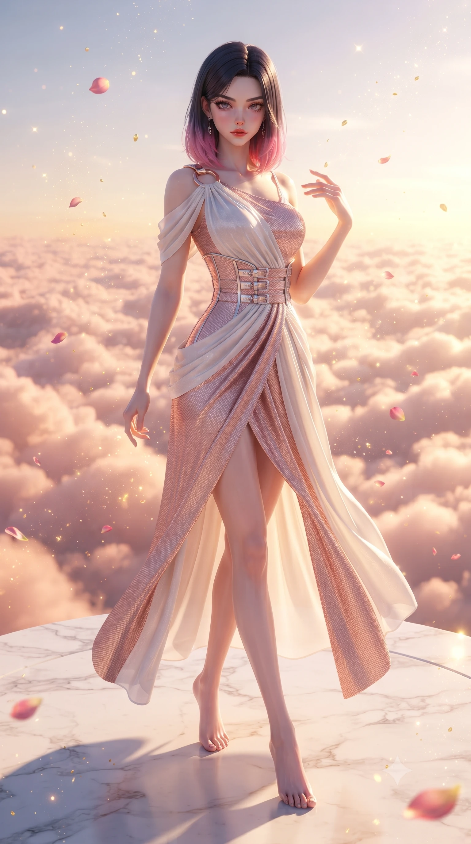 score_9, masterpiece, best quality, ultra-detailed, high-budget anime keyframe, editorial fashion photography, tasteful artistic composition, Korean woman. low angle full-body shot from head to toe showing her feet, filling the entire 9:16 vertical frame with her statuesque presence, stretching her vertical silhouette. navigating the luminous space with effortless poise, displaying her perfect model proportions standing on a floating white marble terrace above a sea of rose-gold clouds, floating rose petals and golden dust motes sparkling in the air. She has an absolutely perfect, statuesque 8.5-heads proportion, an exceptionally tall and slender model-like female figure with impossibly long slender legs and an ultra-slim waist. sharp v-shaped jawline, high-bridge nose, intricate jewel-like eyes with depth, thick eyelashes, glossy lips with a natural sheen. wearing an asymmetrical Grecian draped chiffon gown with a metallic shoulder ring in pearl white and rose gold, made of fine carbon-fiber weave and soft matte leather, detailed with polished silver buckles along the waistline, the tailored fabric tightly following every curve of her athletic build. bathed in glorious golden hour sunbeams and warm rose-gold ambient light. highly saturated vibrant anime colors, detailed shading with soft gradients, rich glossy textures, high-contrast stereoscopic depth, volumetric dynamic lighting, master piece, 9:16 ratio