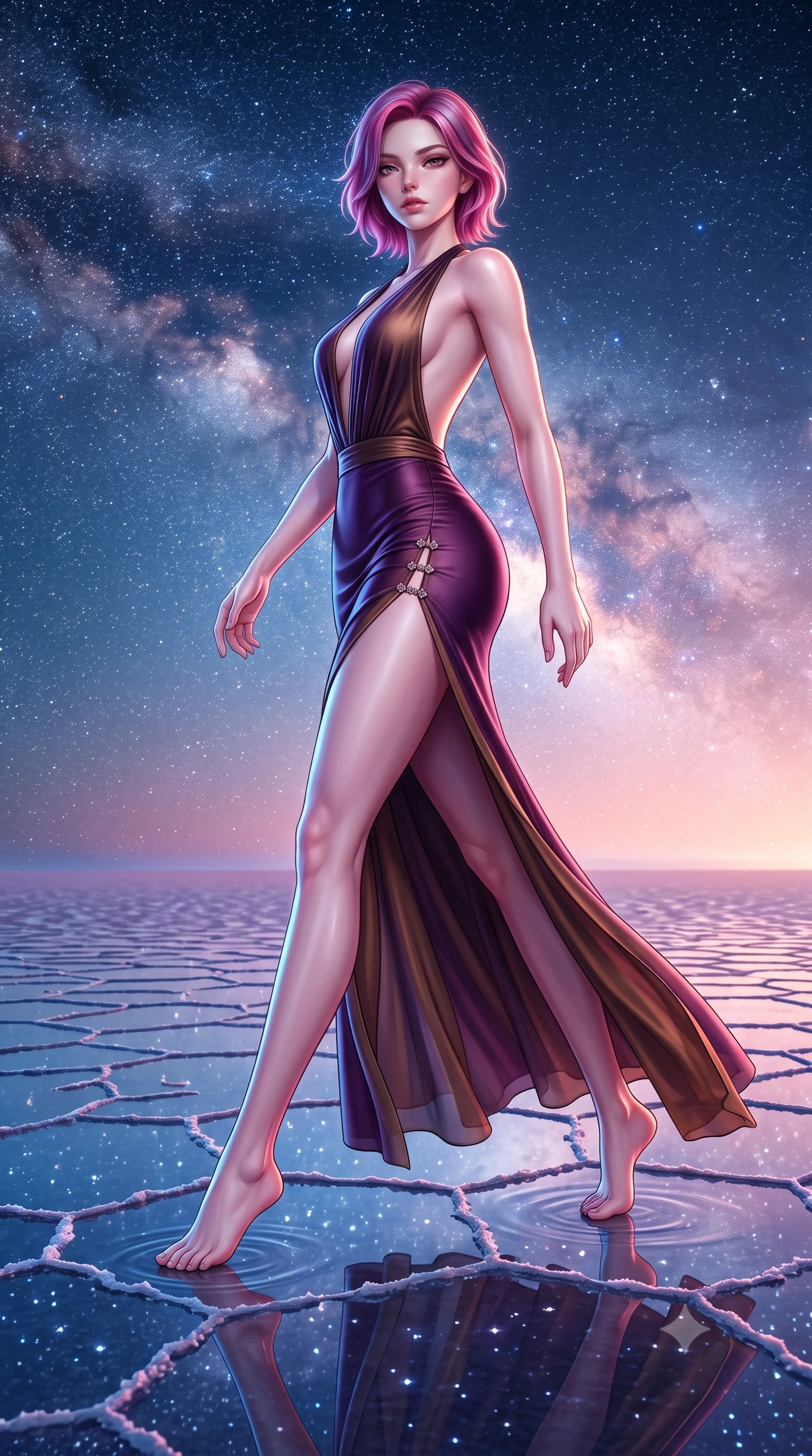 score_9, masterpiece, best quality, ultra-detailed, high-budget anime keyframe, semi-realistic 3D game render, editorial fashion photography, tasteful artistic composition, Caucasian woman. low angle full-body shot from head to toe showing her feet, filling the entire 9:16 vertical frame with her statuesque presence, stretching her vertical silhouette. striding forward in a proud supermodel runway stride, hips swaying in an alluring kinetic rhythm that accentuates her curvy hourglass silhouette while leaning back with relaxed seductive grace, her sculpted collarbones and narrow waist highlighted as she casts smoldering bedroom-eyes into the cosmic void. The surrounding environment is rendered in vivid detail and crisp panoramic clarity. sharp water surface mirror reflections, hexagonal salt crust polygons beneath water, and starlight points in deep focus. She has an exceptionally tall and slender model-like 8.5-heads proportion, an ultra-slim waist, a flat toned midriff, narrow delicate ribcage, and beautifully sculpted feminine hips creating a graceful, slim hourglass silhouette without any bulky heaviness, with impossibly long slender legs. sharp v-shaped jawline, high-bridge nose, intricate jewel-like eyes with depth, thick eyelashes, glossy parted lips with a natural sheen, intensely captivating and seductive bedroom-eyes expression, flawlessly proportioned anatomical accuracy, strict slender model proportions, natural body alignment, perfectly sculpted long slender limbs, ultra-slim waistline, clean dynamic posture without body distortion. wearing a liquid-silk jersey evening gown with an ultra-deep plunging open back descending to the base of her spine and a sculpted hip-hugging skirt in deep plum violet and antique bronze, woven from layered gossamer chiffon with a weightless sweeping drape, finished with an ultra-high side slit secured by miniature jeweled clasps, the glove-like aerodynamic silhouette tightly following the natural contour of her hips and long slender legs with statuesque 8.5-heads elegance. bathed in ethereal 360-degree cosmic starlight and glowing Milky Way galactic glow reflecting from below and above. highly saturated vibrant anime colors, detailed shading with soft gradients, rich glossy textures, high-contrast stereoscopic depth, volumetric dynamic lighting, master piece, 9:16 ratio