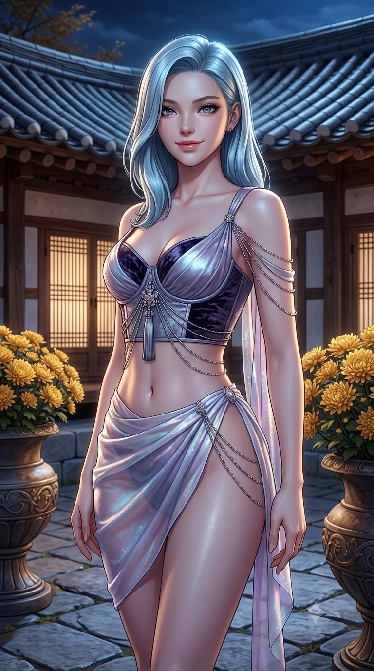 score_9, masterpiece, best quality, ultra-detailed, high-budget anime keyframe, semi-realistic 3D game render, editorial fashion photography, tasteful artistic composition, Korean woman. close-up cowboy shot from the waist and thighs up, the character dominates the composition, filling the frame with her large presence. smiling with quiet, magnetic self-assurance directly into the camera, her sculpted waistline catching specular moonbeam highlights while twisting her slender torso in an alluring contrapposto stance between golden chrysanthemum urns, warm moonlight tracing her flat midriff. The surrounding environment is rendered in vivid detail and crisp panoramic clarity: detailed liquid silk satin halter leotard tailoring, sheer nobang wrap skirt, and traditional hanok architecture in razor-sharp precision. She has an exceptionally elegant, slender, and willowy female figure with an ultra-slim waist, flat toned midriff, narrow ribcage, and sculpted feminine hips creating an alluring, slim hourglass silhouette without bulk. sharp v-shaped jawline, high-bridge nose, sparkling eyes with hypnotic seductive depth, thick curled eyelashes, glossy parted lips with a natural dewy peach sheen, alluring bedroom-eyes with an enchanting coquettish smile, exuding magnetic siren charisma and sophisticated glamour, flawlessly proportioned anatomical accuracy, strict slender model proportions, natural body alignment, perfectly sculpted long slender limbs, ultra-slim waistline, clean dynamic posture without body distortion. wearing a structured underwire silk bustier top with norigae accents paired with a high-cut draped sarong mini wrap in iridescent mother-of-pearl and misty lavender, tailored from crushed dark velvet with deep light-absorbing plush texture, accented with an open-back drape framed by falling strands of delicate chrome chains, the precision-cut side openings and low-back scoop framing her graceful spine and the sensual sweep of her slim, toned hips. bathed in crisp autumn moonlight washing across curved clay roof tiles and stone courtyards. highly saturated vibrant anime colors, detailed shading with soft gradients, rich glossy textures, high-contrast stereoscopic depth, volumetric dynamic lighting, master piece, 9:16 ratio