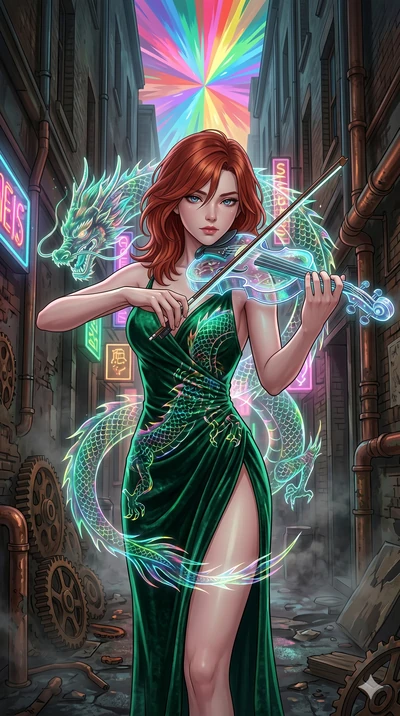 score_9, masterpiece, best quality, ultra-detailed, Set A: High-budget Anime Keyframe, Japanese woman. Upper body close-up from the thighs up, character filling the screen for maximum presence. Theme: Urban Decay. playing a holographic violin in a st