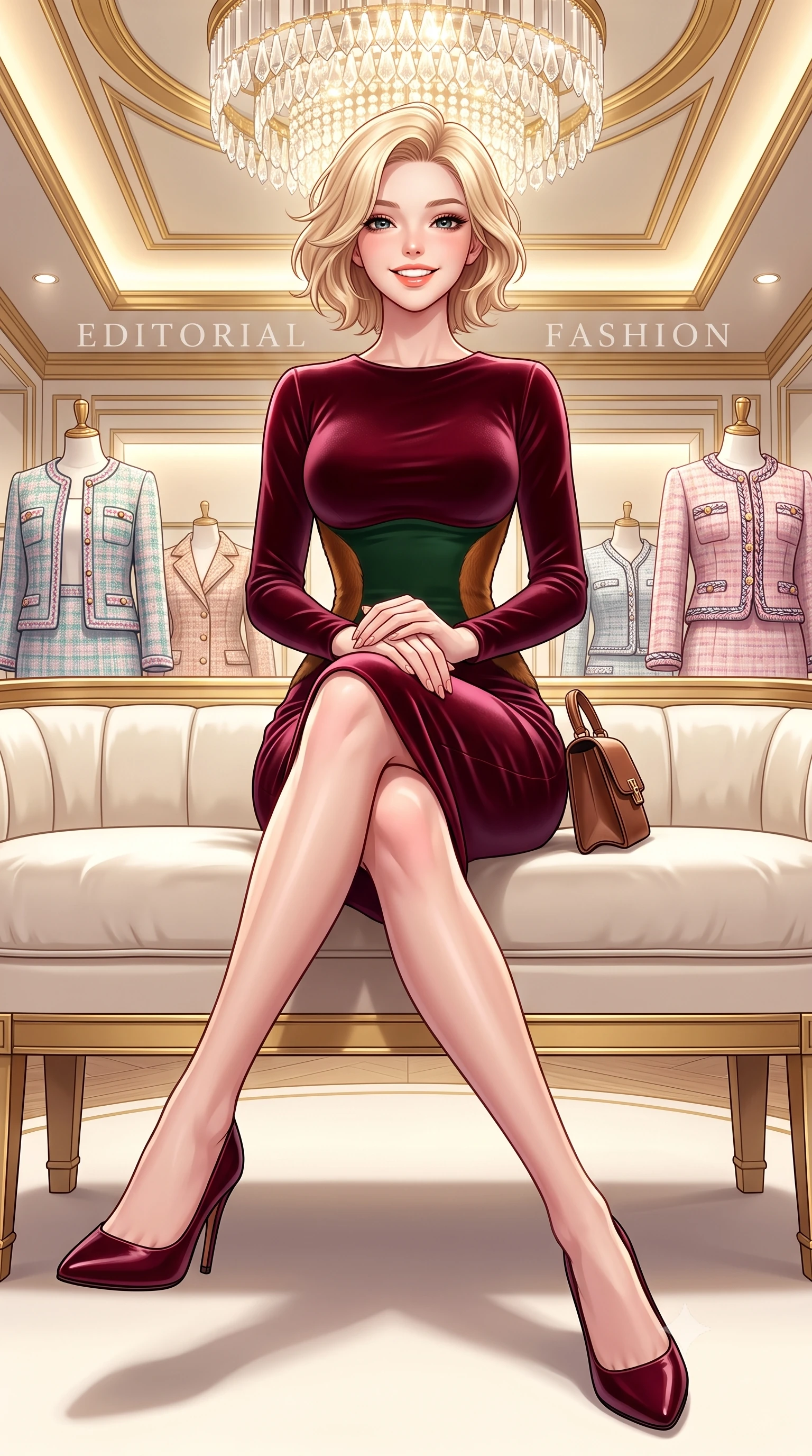 score_9, masterpiece, best quality, ultra-detailed, high-budget anime keyframe, semi-realistic 3D game render, editorial fashion photography, tasteful artistic composition, Caucasian woman. low angle full-body shot from head to toe showing her feet, filling the entire 9:16 vertical frame with her statuesque presence, stretching her vertical silhouette. sitting gracefully on the plush bench with legs crossed and angled toward the camera, highlighting her long slender limbs and hourglass waist while sitting poised on an ivory velvet banquette with hands folded neatly in her lap, exuding impeccable French haute-couture elegance. The surrounding environment is rendered in vivid detail and crisp panoramic clarity: detailed Chanel-inspired pastel tweed jacket weave, braided trim borders, and premier Parisian interior architecture in razor-sharp precision. She has an exceptionally tall and slender model-like 8.5-heads proportion, an ultra-slim waist, a flat toned midriff, narrow delicate ribcage, and beautifully sculpted feminine hips creating a graceful, slim hourglass silhouette without any bulky heaviness, with impossibly long slender legs. sharp v-shaped jawline, high-bridge nose, intricate jewel-like sparkling eyes with depth, thick eyelashes, glossy parted lips with a natural peach sheen, bright cheerful beaming smile with an enchanting and coquettish sensual glint, exuding both youthful cute charm and seductive allure, flawlessly proportioned anatomical accuracy, strict slender model proportions, natural body alignment, perfectly sculpted long slender limbs, ultra-slim waistline, clean dynamic posture without body distortion. wearing a form-fitting liquid velvet cocktail midi dress in rich burgundy with long sleeves and a snug waist contour in heritage British racing green and warm cognac brown, made of ultra-fine Mongolian cashmere with sleek glove-like elasticity contouring her silhouette, finished with a structured leather micro-bag held lightly at her hip, the second-skin tailored fabric adhering flawlessly to her sculpted flat midriff and slender torso, emphasizing her long leg lines and perfectly proportioned willowy build. bathed in brilliant 3500K warm-white cove illumination and glittering multi-faceted crystal chandelier reflections. highly saturated vibrant anime colors, detailed shading with soft gradients, rich glossy textures, high-contrast stereoscopic depth, volumetric dynamic lighting, master piece, 9:16 ratio