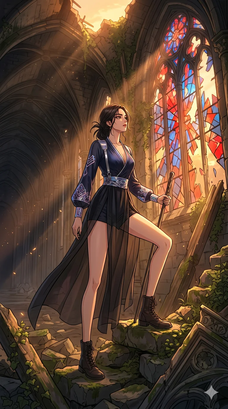 score_9, masterpiece, best quality, ultra-detailed, high-budget anime movie keyframe, cinematic anime lighting, intricate line art, Korean woman. Dynamic full-body shot stretching the vertical silhouette across the 9:16 frame. exploring lost ruins in a shattered stained glass cathedral during a golden sunset. She has an absolutely perfect 8-heads proportion, an exceptionally tall and slender female figure with an ultra-slim waist and impossibly long slender legs. sharp v-shaped jawline, high-bridge nose, intricate jewel-like eyes, thick eyelashes, glossy lips. Wearing modernized deep-plunging silk hanbok-fusion with metallic straps, a high-slit sheer skirt over micro-shorts, and holographic embroidered patterns. The scene is illuminated by dramatic atmospheric lighting and vibrant color palettes. , 2k, ultra detail, master piece, 9:16 ratio