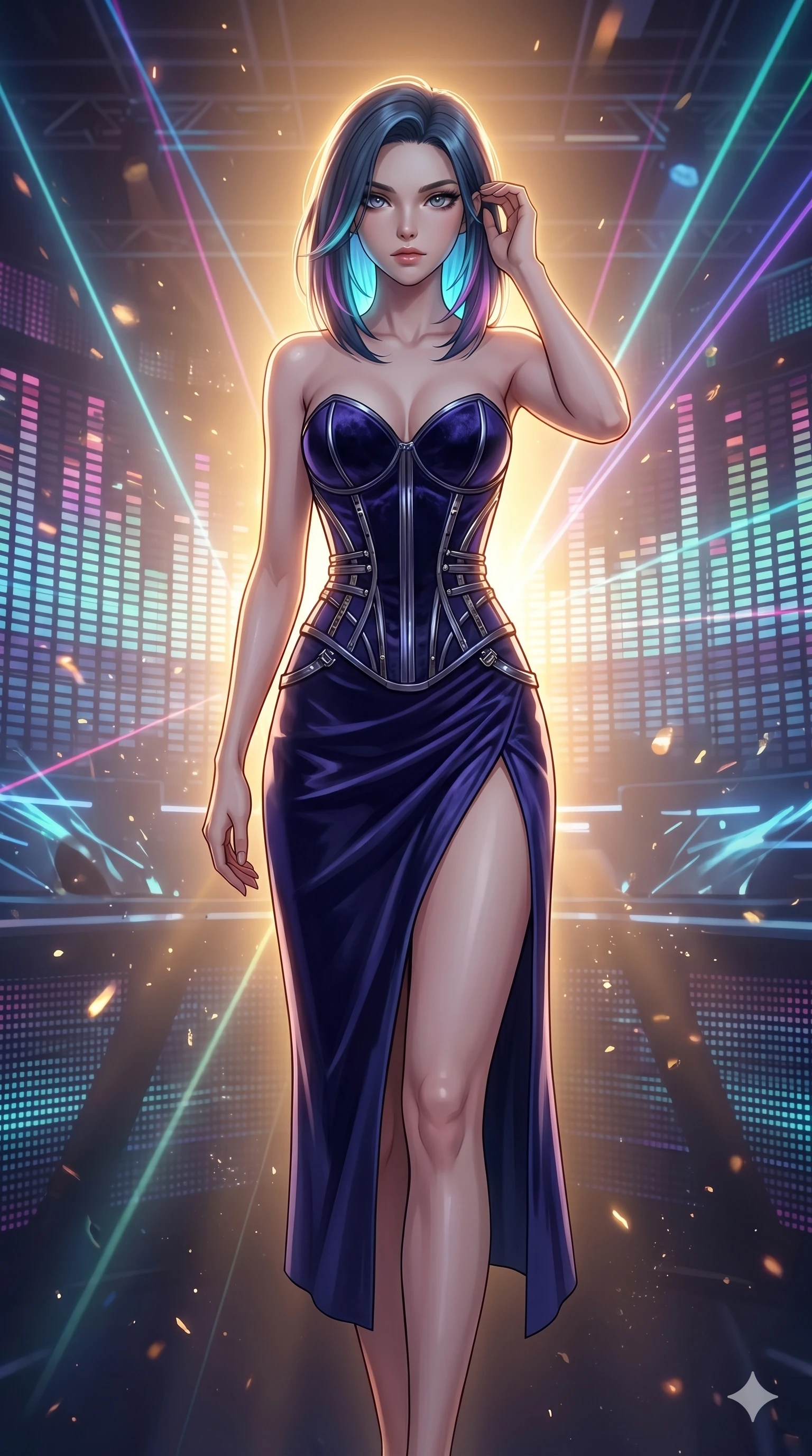 score_9, masterpiece, best quality, ultra-detailed, high-budget anime keyframe, editorial fashion photography, tasteful artistic composition, Caucasian woman, strictly human ears. cowboy shot from the thighs up, character and outfit filling the frame for maximum editorial presence. Lifting one hand to gently tuck a strand of hair behind her ear, her movements fluid and slow within a techno club featuring walls of pulsing equalizer lights and laser beams, as a gentle breeze stirs the glowing elements around her. She has an absolutely perfect 8-heads proportion, an exceptionally tall and slender female figure with impossibly long slender legs and an ultra-slim waist. V-shaped jawline, high-bridge nose, intricate jewel-like eyes with depth, thick eyelashes, glossy lips with a natural sheen. wearing a structured velvet corset in deep indigo with metallic ribs, paired with a matching high-slit midi skirt. under warm golden hour backlighting, creating a luminous, radiant halo around her silhouette. 2k, ultra detail, master piece, 9:16 ratio