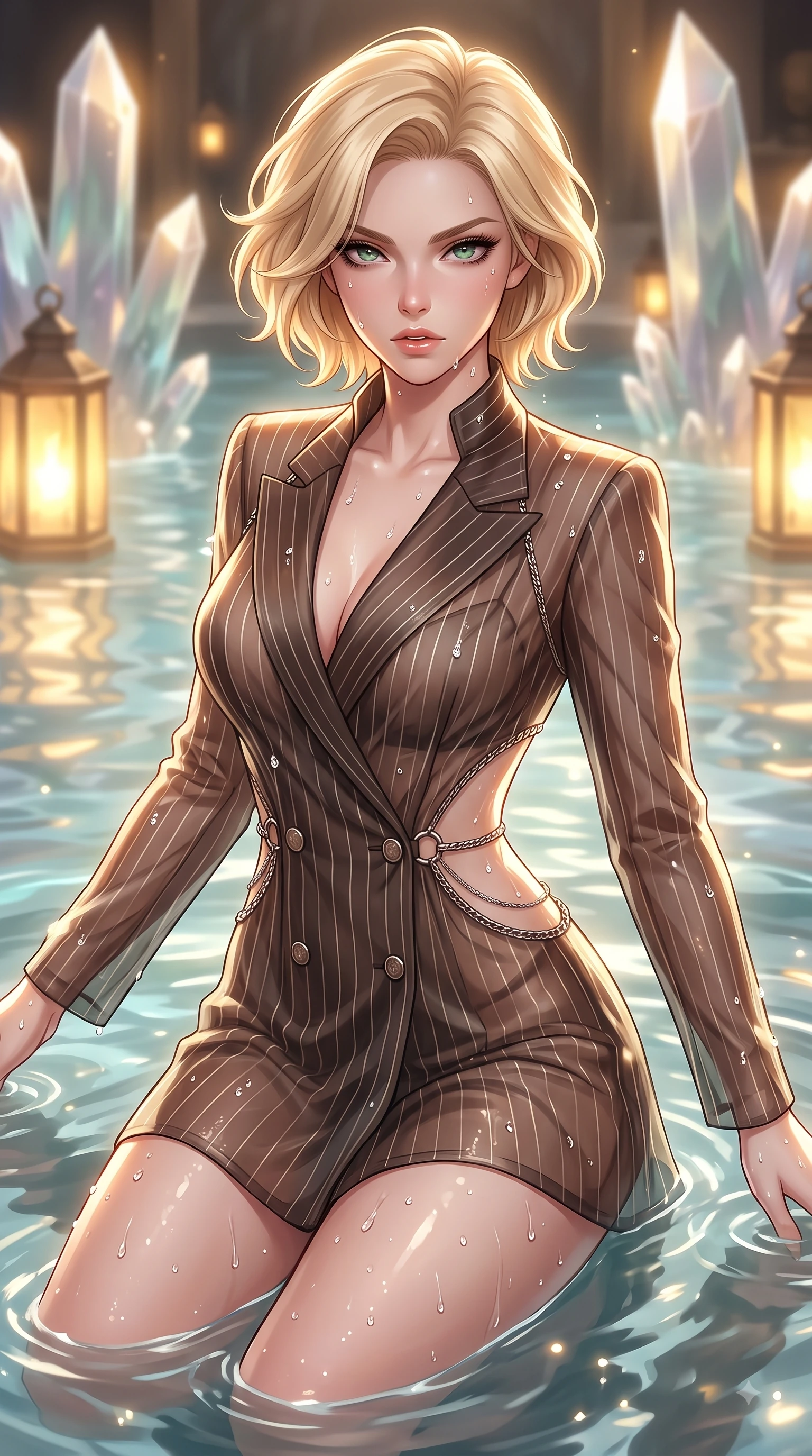score_9, masterpiece, best quality, ultra-detailed, high-budget anime keyframe, editorial fashion photography, tasteful artistic composition, Caucasian woman. close-up cowboy shot from the waist and thighs up, the character dominates the composition, filling the frame with her large presence, background elements kept in soft focus. Leaning forward gracefully with lips parted, casting a smoldering magnetic gaze directly into the lens while floating dynamically in a tranquil thermal pool as crystal spires reflect warm golden lantern light, water droplets glistening on her skin and clothing with brilliant specular highlights. She has an exceptionally elegant, slender, and willowy female figure with an ultra-slim waist, a gracefully sculpted slender torso, and a refined silhouette. sharp v-shaped jawline, high-bridge nose, intricate jewel-like eyes with depth, thick eyelashes, glossy lips with a natural sheen, flawlessly proportioned anatomical accuracy, natural body alignment, perfectly sculpted elegant limbs, clean dynamic posture without body distortion. wearing a double-breasted blazer dress with subtle metallic pin-stripes in espresso brown and warm cream, woven from fine semi-opaque sheer organza, accented with delicate chrome ring hardware framing her waist, the elegant draped fit framing her graceful clavicle and slender torso. surrounded by a tranquil, spa-like aura with bright specular rim lights. highly saturated vibrant anime colors, detailed shading with soft gradients, rich glossy textures, high-contrast stereoscopic depth, volumetric dynamic lighting, master piece, 9:16 ratio