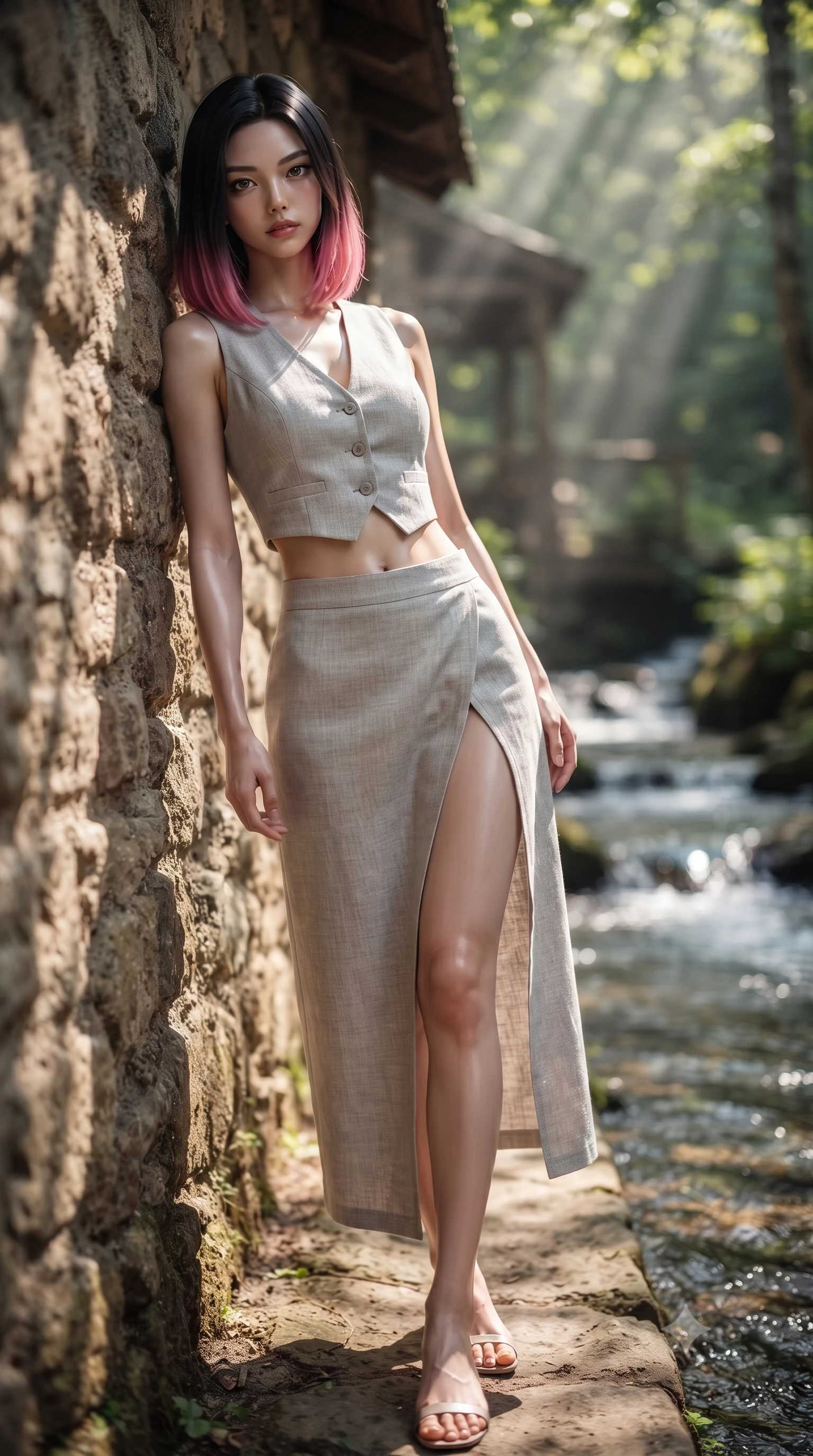 score_9, masterpiece, best quality, ultra-detailed, high-budget anime keyframe, editorial fashion photography, tasteful artistic composition, Korean woman woman. low angle full-body shot from head to toe showing her feet, filling the entire 9:16 vertical frame with her statuesque presence, stretching her vertical silhouette. leaning back against a rustic stone wall, casting a slow, alluring gaze at the camera the background shows a soft-focus a cozy cottage porch beside a bubbling forest stream with clear running water. She has an absolutely perfect, statuesque 8.5-heads proportion, an exceptionally tall and slender model-like female figure with impossibly long slender legs and an ultra-slim waist. sharp v-shaped jawline, high-bridge nose, intricate jewel-like eyes with depth, thick eyelashes, glossy lips with a natural sheen. wearing a tailored tailored crop vest in light grey linen paired with a matching high-slit wrap skirt, showing her slim waist. dappled sunbeams reflecting off the moving water surface onto her form. ultra-reflective glossy finish, specular highlights, metallic sheen, high-contrast stereoscopic depth, volumetric dynamic lighting, 2k, ultra detail, master piece, 9:16 ratio