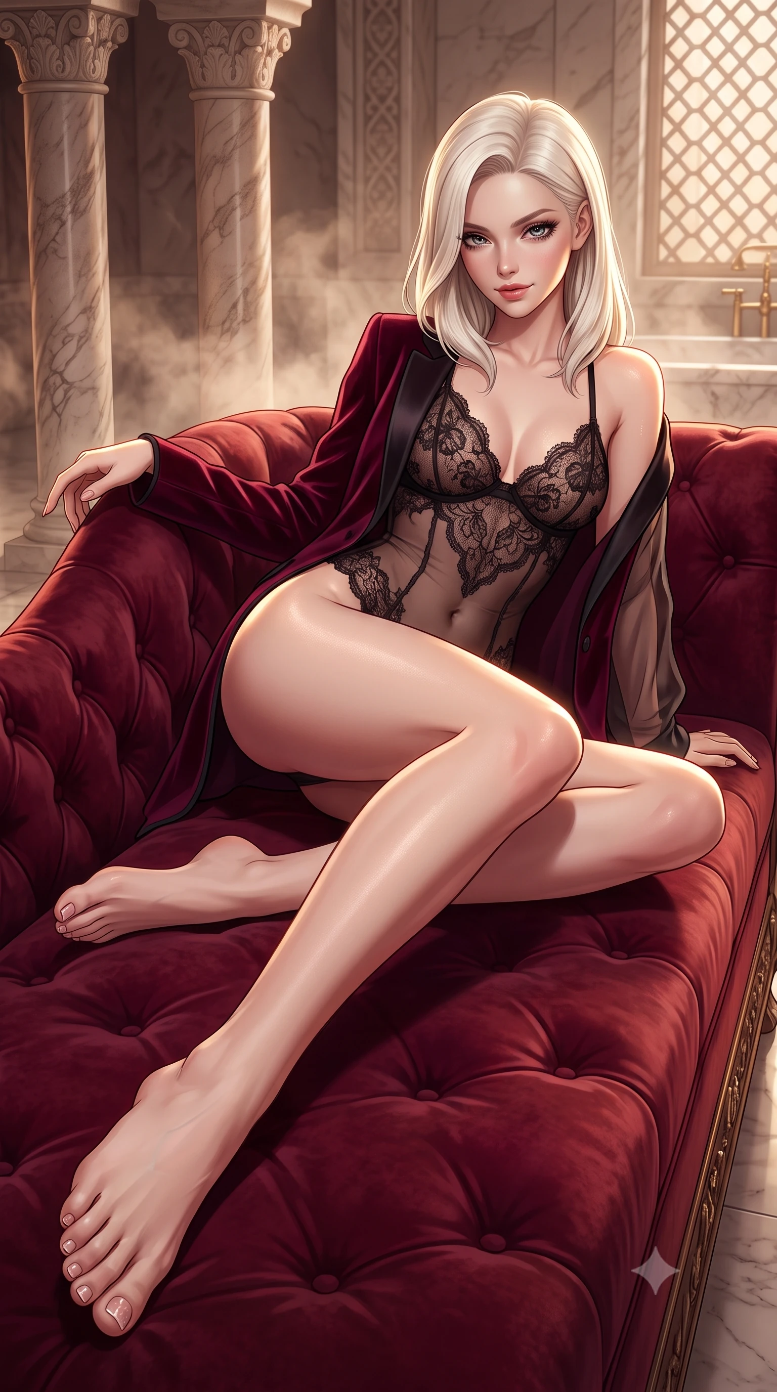 score_9, masterpiece, best quality, ultra-detailed, high-budget anime keyframe, semi-realistic 3D game render, editorial fashion photography, tasteful artistic composition, Caucasian woman. low angle full-body shot from head to toe showing her feet, filling the entire 9:16 vertical frame with her statuesque presence, stretching her vertical silhouette. reclining gracefully across the plush velvet chaise lounge with one leg extended, her sculpted silhouette and flat midriff radiating magnetic nocturnal glamour while standing poised between twin marble columns with hips cocked back, a sheer silk robe slipping off bare shoulders as warm steam drifts through the suite. The surrounding environment is rendered in vivid detail and crisp panoramic clarity: detailed lace embroidery, dewy post-bath skin texture, and bespoke bathroom architecture in razor-sharp precision. She has an absolutely perfect, statuesque 8.5-heads proportion, an exceptionally tall and slender model-like female figure with impossibly long slender legs, an ultra-slim waist, a flat toned midriff, narrow delicate ribcage, and beautifully sculpted feminine hips creating a graceful, slim hourglass silhouette without any bulky heaviness. sharp v-shaped jawline, high-bridge nose, sparkling eyes with hypnotic seductive depth, thick curled eyelashes, glossy parted lips with a natural dewy peach sheen, alluring bedroom-eyes with an enchanting coquettish smile, exuding magnetic siren charisma and sophisticated high-fashion glamour, flawlessly proportioned anatomical accuracy, strict slender model proportions, natural body alignment, perfectly sculpted long slender limbs, ultra-slim waistline, clean dynamic posture without body distortion. wearing a delicate sheer floral lace teddy layered under an open tailored tuxedo blazer draped over bare shoulders in deep bordeaux velvet and delicate black chantilly, made of sheer gossamer chiffon that drapes softly against skin with airy translucence, finished with scalloped eyelash lace trim framing her sweetheart neckline with intimate elegance, the high-slit wrap tailoring accentuating her ultra-slim waistline and the enchanting curve of her feminine hips with alluring seductive charm. illuminated by mirror specular bounce and sharp warm-gold rim lights defining her razor-sharp jawline, ultra-slim waist, and curvy hips. highly saturated vibrant anime colors, detailed shading with soft gradients, rich glossy textures, high-contrast stereoscopic depth, volumetric dynamic lighting, master piece, 9:16 ratio