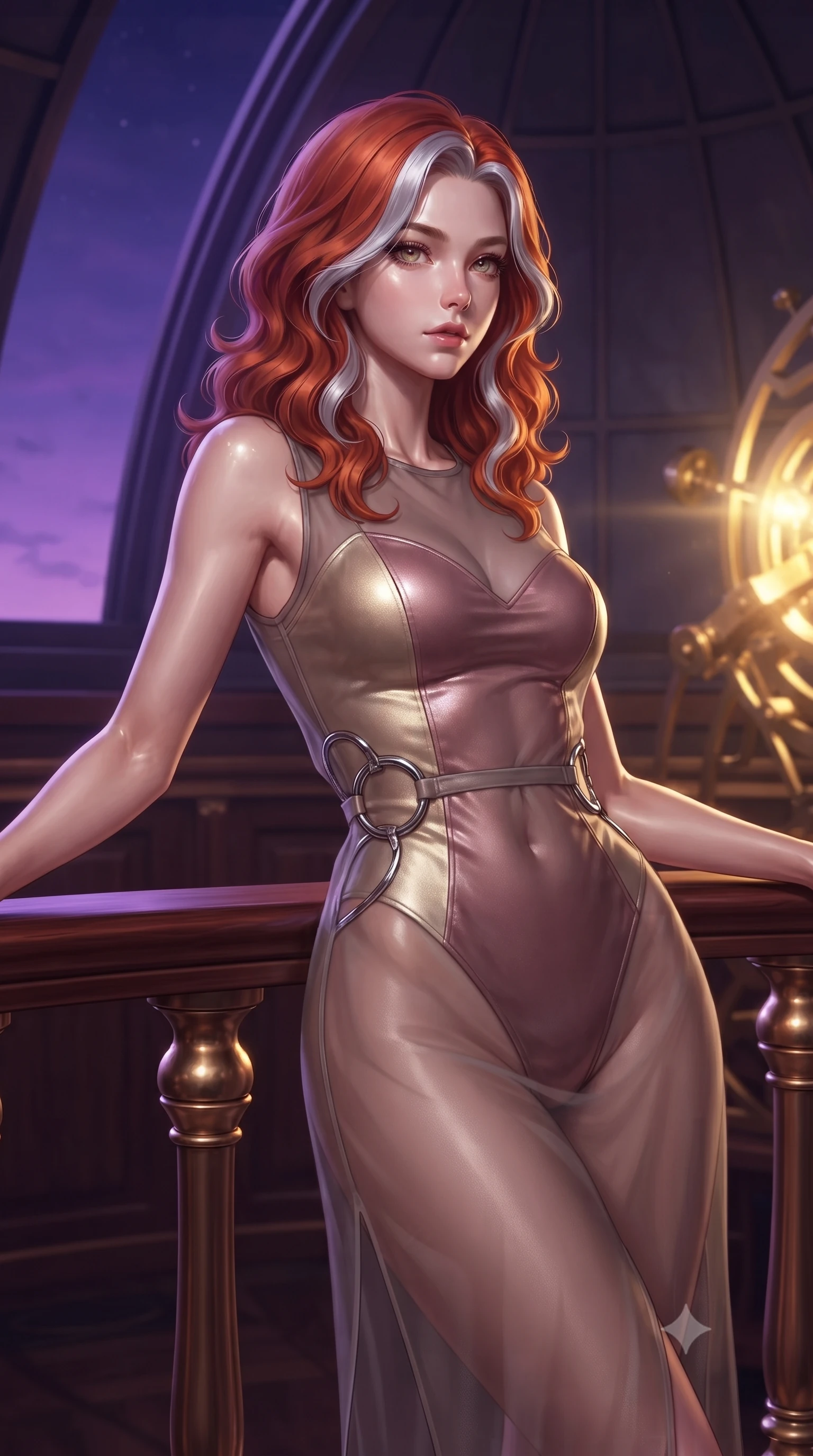 score_9, masterpiece, best quality, ultra-detailed, high-budget anime keyframe, editorial fashion photography, tasteful artistic composition, Caucasian woman. close-up cowboy shot from the waist and thighs up, the character dominates the composition, filling the frame with her large presence, background elements kept in soft focus. Gazing past the camera with an air of effortless elegance and mysterious confidence leaning against a vintage mahogany balustrade inside a mechanical observatory, rich mahogany and polished bronze textures reflecting warm hearth light. She has an exceptionally elegant, slender, and willowy female figure with an ultra-slim waist, a gracefully sculpted slender torso, and a refined silhouette. sharp v-shaped jawline, high-bridge nose, intricate jewel-like eyes with depth, thick eyelashes, glossy lips with a natural sheen. wearing a semi-opaque sheer overlay dress over a leather micro-bodysuit in dusty rose and champagne gold, made of premium stretch velvet with a rich sheen, accented with delicate chrome ring hardware framing her waist, the tailored fabric tightly following every curve of her athletic build. lit by a contrast of deep violet sky and radiant golden mechanical light. ultra-reflective glossy finish, specular highlights, metallic sheen, high-contrast stereoscopic depth, volumetric dynamic lighting, 2k, ultra detail, master piece, 9:16 ratio