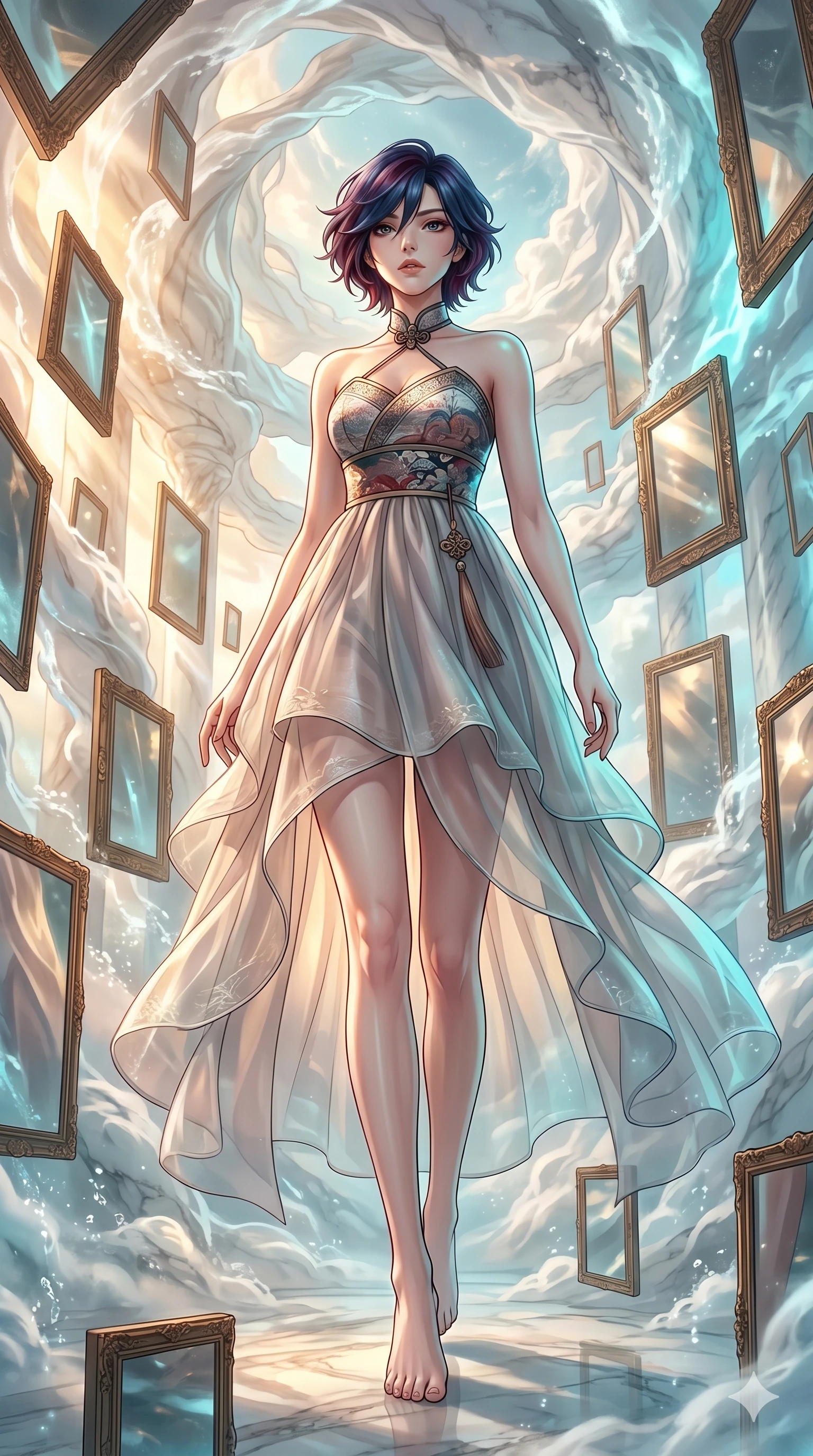 score_9, masterpiece, best quality, ultra-detailed, high-budget anime keyframe, Japanese woman. low angle full-body shot filling the entire 9:16 frame with her statuesque presence, stretching the vertical silhouette. wandering through a mirage cloud cathedral of translucent marble and water mist, surrounded by floating ancient bronze mirror walls. She has an absolutely perfect 8-heads proportion, an exceptionally tall and slender female figure with impossibly long slender legs and an ultra-slim waist. V-shaped jawline, high-bridge nose, intricate jewel-like eyes with depth, thick eyelashes, glossy lips with a natural sheen.. wearing a modern fusion silk hanbok dress, featuring a silk bustier top, layered semi-opaque organza skirts, and a traditional knot choker. showcasing a beautiful play of light and shadow, with warm golden rays clashing against cool cyan highlights. 2k, ultra detail, master piece, 9:16 ratio