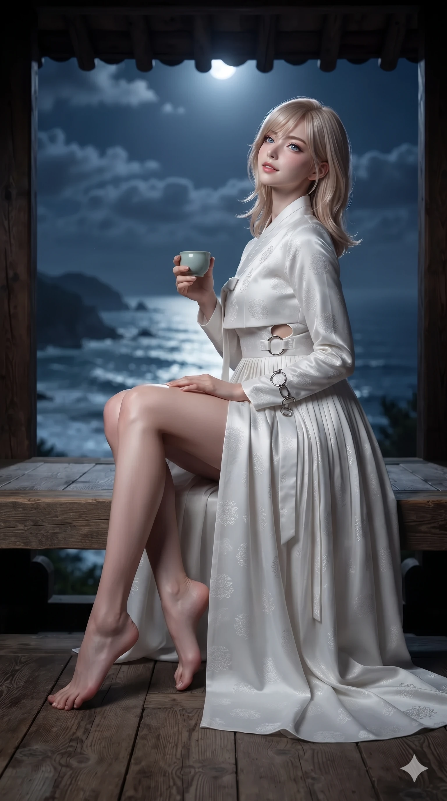 score_9, masterpiece, best quality, ultra-detailed, high-budget anime keyframe, editorial fashion photography, tasteful artistic composition, Japanese woman. low angle full-body shot from head to toe showing her feet, filling the entire 9:16 vertical frame with her statuesque presence, stretching her vertical silhouette. sitting poised on the stone steps with one knee bent, arching her spine with supermodel elegance as she glances upward through thick eyelashes while lounging on the wooden pavilion floor with one leg drawn up, holding a celadon wine cup with an intoxicating, teasing smile. The background shows a soft-focus churning ocean waters hundreds of feet below, distant coastal headlands, and night clouds blurred into sapphire, silver, and obsidian bokeh. She has an absolutely perfect, statuesque 8.5-heads proportion, an exceptionally tall and slender model-like female figure with impossibly long slender legs, an ultra-slim waist, a flat toned midriff, narrow delicate ribcage, and beautifully sculpted feminine hips creating a graceful, slim hourglass silhouette without any bulky heaviness. sharp v-shaped jawline, high-bridge nose, sparkling eyes with hypnotic seductive depth, thick curled eyelashes, glossy parted lips with a natural dewy peach sheen, alluring bedroom-eyes with an enchanting coquettish smile, exuding magnetic siren charisma and sophisticated glamour, flawlessly proportioned anatomical accuracy, strict slender model proportions, natural body alignment, perfectly sculpted long slender limbs, ultra-slim waistline, clean dynamic posture without body distortion. wearing an elegant long-sleeve embroidered silk chima gown with a structured jeogori bodice and graceful pleated drape in pure snow white and vivid cherry blossom crimson, tailored from rich silk jacquard with subtle embossed lotus blossom patterns, accented with sculptural chrome hardware rings framing the subtle cutouts, the bespoke structured tailoring following the natural line of her 8.5-heads silhouette with refined elegance. bathed in high-intensity silver moonlight reflecting off open ocean waters. ultra-reflective glossy finish, specular highlights, rich textural contrasts, high-contrast stereoscopic depth, volumetric dynamic lighting, 2k, ultra detail, master piece, 9:16 ratio
