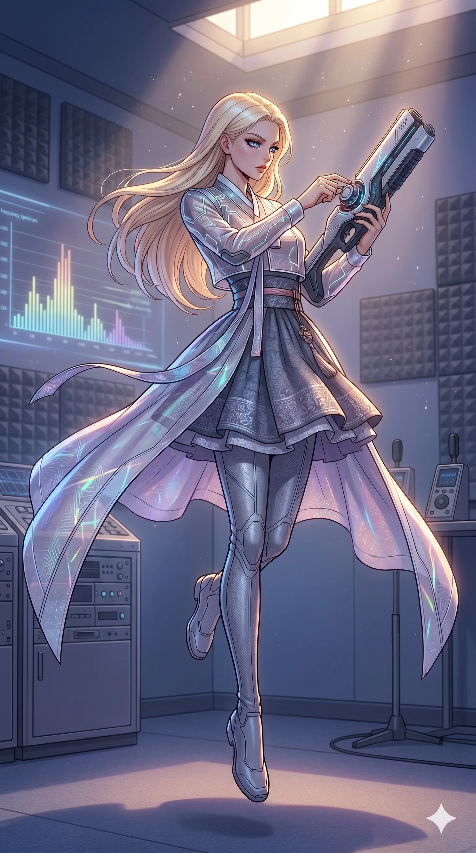 score_9, masterpiece, best quality, ultra-detailed, high-budget anime movie keyframe, cinematic anime lighting, intricate line art, Caucasian (strictly human ears) woman. Mid-air action shot capturing a graceful twist and vertical silhouette. adjusting the frequency of a sonic weapon in a quiet room. She has an absolutely perfect 8-heads proportion, an exceptionally tall and slender female figure with an ultra-slim waist and impossibly long slender legs. strictly human anatomy, two legs only, no extra limbs, clearly defined legs and arms, perfect anatomy, perfect hands and fingers. sharp v-shaped jawline, high-bridge nose, intricate jewel-like eyes, thick eyelashes, glossy lips. Wearing Modern Traditional: Shortened cyber-hanbok with fusion silk robes and transparent panels. The scene is illuminated by dramatic atmospheric lighting and vibrant color palettes. , 2k, ultra detail, master piece, 9:16 ratio