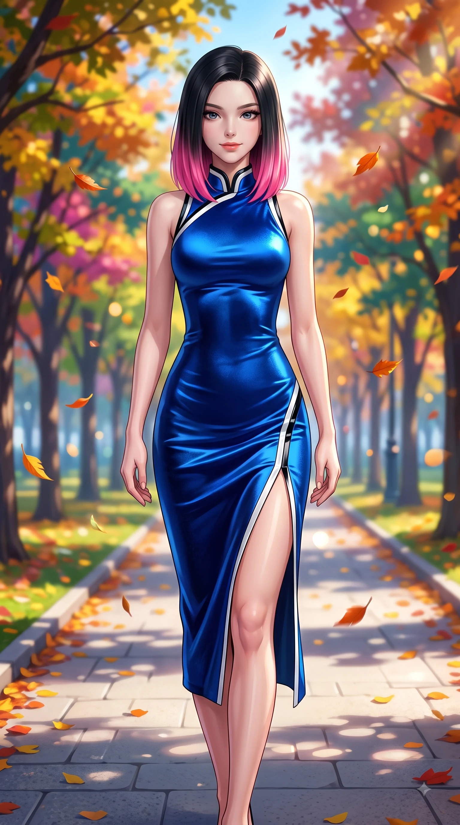 score_9, masterpiece, best quality, ultra-detailed, high-budget anime keyframe, editorial fashion photography, tasteful artistic composition, Korean woman. close-up cowboy shot from the waist and thighs up, the character dominates the composition, filling the frame with her large presence. Airy, translucent innocence with a soft subtle smile and a clear, pristine gaze into the lens while stepping along a paved park path flanked by vibrant autumn trees under a clear blue sky. The composition keeps background elements in soft focus with dreamy bokeh. fluttering autumn leaves and sunlit park pathways softened in dreamy shallow depth. She has an exceptionally elegant, slender, and willowy female figure with an ultra-slim waist, a gracefully sculpted slender torso, and a refined silhouette. sharp v-shaped jawline, high-bridge nose, intricate jewel-like eyes with depth, thick eyelashes, glossy lips with a natural sheen, flawlessly proportioned anatomical accuracy, natural body alignment, perfectly sculpted elegant limbs, clean dynamic posture without body distortion. wearing a vivid sapphire blue satin midi dress following her statuesque figure in monochrome white and glossy black contrast, made of premium stretch velvet with a rich glossy sheen, finished with a sleek side slit ascending to mid-thigh, the sleek second-skin fit accentuating her magnetic presence. surrounded by a crisp, romantic, and vibrant autumn editorial atmosphere. highly saturated vibrant anime colors, detailed shading with soft gradients, rich glossy textures, high-contrast stereoscopic depth, volumetric dynamic lighting, master piece, 9:16 ratio