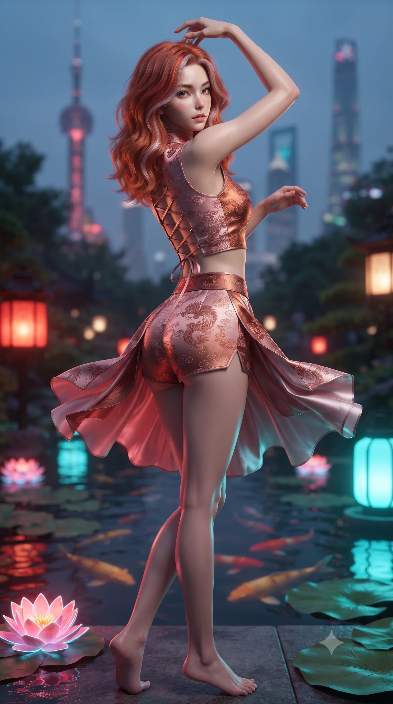 score_9, masterpiece, best quality, ultra-detailed, high-budget anime keyframe, editorial fashion photography, tasteful artistic composition, Caucasian woman. low angle full-body shot from head to toe showing her feet, filling the entire 9:16 vertical frame with her statuesque presence, stretching her vertical silhouette. executing a graceful dancer pivot turn as her layered silk chima skirt flutters around her slender legs, glancing over her shoulder with an intoxicating bedroom-gaze while twisting her slender torso in an alluring S-curve, glowing neon water lilies and traditional lanterns casting colorful reflections across her hips. The background shows a soft-focus swimming golden koi fish beneath lotus pads and distant illuminated Shanghai skyscrapers softened in surreal fusion shallow focus. She has an absolutely perfect, statuesque 8.5-heads proportion, an exceptionally tall and slender model-like female figure with impossibly long slender legs, an ultra-slim waist, a flat toned midriff, narrow delicate ribcage, and beautifully sculpted feminine hips creating a graceful, slim hourglass silhouette without any bulky heaviness. sharp v-shaped jawline, high-bridge nose, intricate jewel-like dark sparkling almond eyes with depth, thick lashes, glossy parted lips with a natural rose-plum sheen, bright alluring and coquettish smile with bedroom-eyes, exuding both timeless oriental elegance and sovereign high-fashion allure, flawlessly proportioned anatomical accuracy, strict slender model proportions, natural body alignment, perfectly sculpted long slender limbs, ultra-slim waistline, clean dynamic posture without body distortion. wearing a modern tailored martial-arts-inspired wrap crop top paired with skin-tight high-cut combat shorts and silk sashes in dusty rose pink and burnished copper, made of rich jacquard silk with intricate embossed dragon and cloud motifs, finished with criss-cross back satin laces tracing her slender spine, the high-waisted wrap tailoring accentuating her ultra-slim waistline and the enchanting curve of her feminine hips with alluring oriental charm. bathed in vibrant red lantern warmth and cool electric cyan water reflections. ultra-reflective glossy finish, specular highlights, rich textural contrasts, high-contrast stereoscopic depth, volumetric dynamic lighting, 2k, ultra detail, master piece, 9:16 ratio
