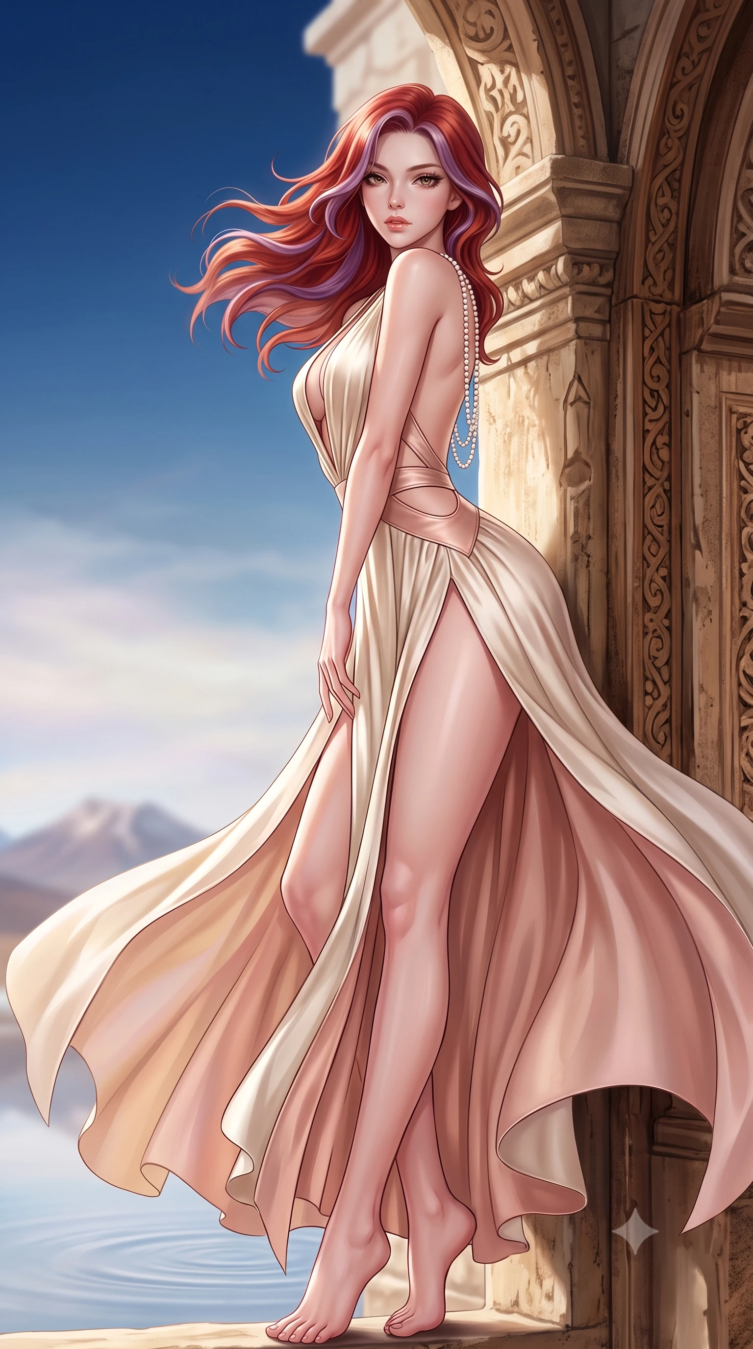 score_9, masterpiece, best quality, ultra-detailed, high-budget anime keyframe, semi-realistic 3D game render, editorial fashion photography, tasteful artistic composition, Caucasian woman. low angle full-body shot from head to toe showing her feet, filling the entire 9:16 vertical frame with her statuesque presence, stretching her vertical silhouette. leaning deep against the structural architecture with hips cocked in an unapologetically bold, seductive high-fashion stance while turning in an alluring dancer S-curve as her gossamer dress catches the high-altitude Andean wind, creating an intoxicating silhouette between two skies. The composition keeps background elements in soft focus with creamy bokeh. distant Andean volcanic peaks and paper-thin water ripples softened in surreal shallow focus. She has an exceptionally tall and slender model-like 8.5-heads proportion, an ultra-slim waist, a flat toned midriff, narrow delicate ribcage, and beautifully sculpted feminine hips creating a graceful, slim hourglass silhouette without any bulky heaviness, with impossibly long slender legs. sharp v-shaped jawline, high-bridge nose, intricate jewel-like eyes with depth, thick eyelashes, glossy parted lips with a natural sheen, intensely captivating and seductive bedroom-eyes expression, flawlessly proportioned anatomical accuracy, strict slender model proportions, natural body alignment, perfectly sculpted long slender limbs, ultra-slim waistline, clean dynamic posture without body distortion. wearing a plunging-V neckline duchess satin gown with high side slits ascending to the high hip in vintage champagne ivory and delicate rose gold, formed from supple second-skin lambskin leather with specular sheen, accented with a multi-strand pearl back necklace cascading down her bare spine to her hips, the precision-cut side openings and low-back scoop framing her graceful spine and the sensual sweep of her slim, toned hips. illuminated by soft ambient celestial rim lighting sharply sculpting her razor-sharp jawline, narrow waist, and curvy hips. highly saturated vibrant anime colors, detailed shading with soft gradients, rich glossy textures, high-contrast stereoscopic depth, volumetric dynamic lighting, master piece, 9:16 ratio