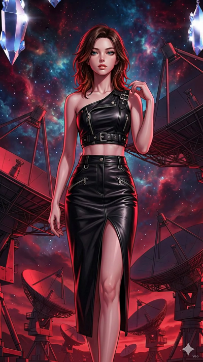 A cinematic sci-fi anime video. The colorful cosmic nebula in the night sky swirls and glows with shifting starlight. The giant radio telescope dishes in the background slowly pan and rotate. Shimmering rainbow light rays refract from the hanging cry