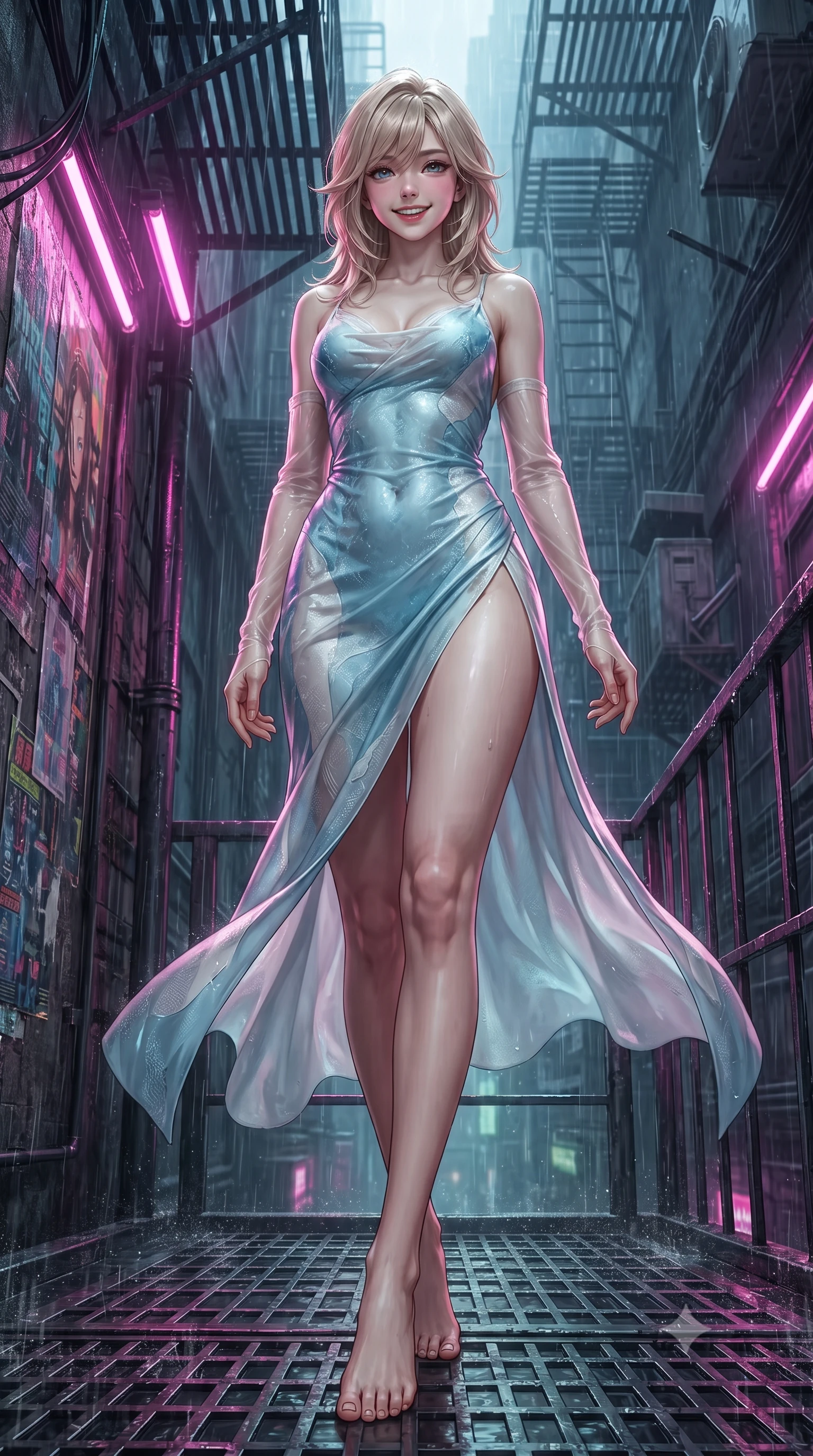 score_9, masterpiece, best quality, ultra-detailed, high-budget anime keyframe, editorial fashion photography, tasteful artistic composition, Japanese woman. low angle full-body shot from head to toe showing her feet, filling the entire 9:16 vertical frame with her statuesque presence, stretching her vertical silhouette. stepping slowly toward the camera with hypnotic grace, hips swaying in an alluring sensual rhythm that accentuates her curvy hourglass silhouette and long slender legs while reclining gracefully on the sheltered neon-lit fire escape landing with legs extended, displaying her long slender limbs and statuesque hourglass silhouette amid rain-washed cyber-chaos. The surrounding environment is rendered in vivid detail and crisp panoramic clarity: sharp wet iron grating textures, weathered peeling holographic poster layers, and razor-sharp cable bundle ties in deep focus. She has an exceptionally tall and slender model-like 8.5-heads proportion, an ultra-slim waist, a flat toned midriff, narrow delicate ribcage, and beautifully sculpted feminine hips creating a graceful, slim hourglass silhouette without any bulky heaviness, with impossibly long slender legs. sharp v-shaped jawline, high-bridge nose, intricate jewel-like sparkling eyes with depth, thick eyelashes, glossy parted lips with a natural peach sheen, bright cheerful beaming smile with an enchanting and coquettish sensual glint, exuding both youthful cute charm and seductive allure, flawlessly proportioned anatomical accuracy, strict slender model proportions, natural body alignment, perfectly sculpted long slender limbs, ultra-slim waistline, clean dynamic posture without body distortion. wearing a form-contouring gossamer silk chiffon combat slip dress with a hip-high slit and open cowl back clinging with dewy moisture in arctic cryo-glacier ice blue and platinum white, woven from structured carbon-fiber jacquard with rich textural depth, complemented by sheer opera-length evening gloves tracing her slender arms, the second-skin tailored fabric adhering flawlessly to her sculpted flat midriff and slender torso, emphasizing her long leg lines and perfectly proportioned willowy build. illuminated by wet metal reflection bounce and sharp neon-magenta rim lights defining her razor-sharp jawline, narrow waist, and curvy hips. ultra-reflective glossy finish, specular highlights, rich textural contrasts, high-contrast stereoscopic depth, volumetric dynamic lighting, 2k, ultra detail, master piece, 9:16 ratio