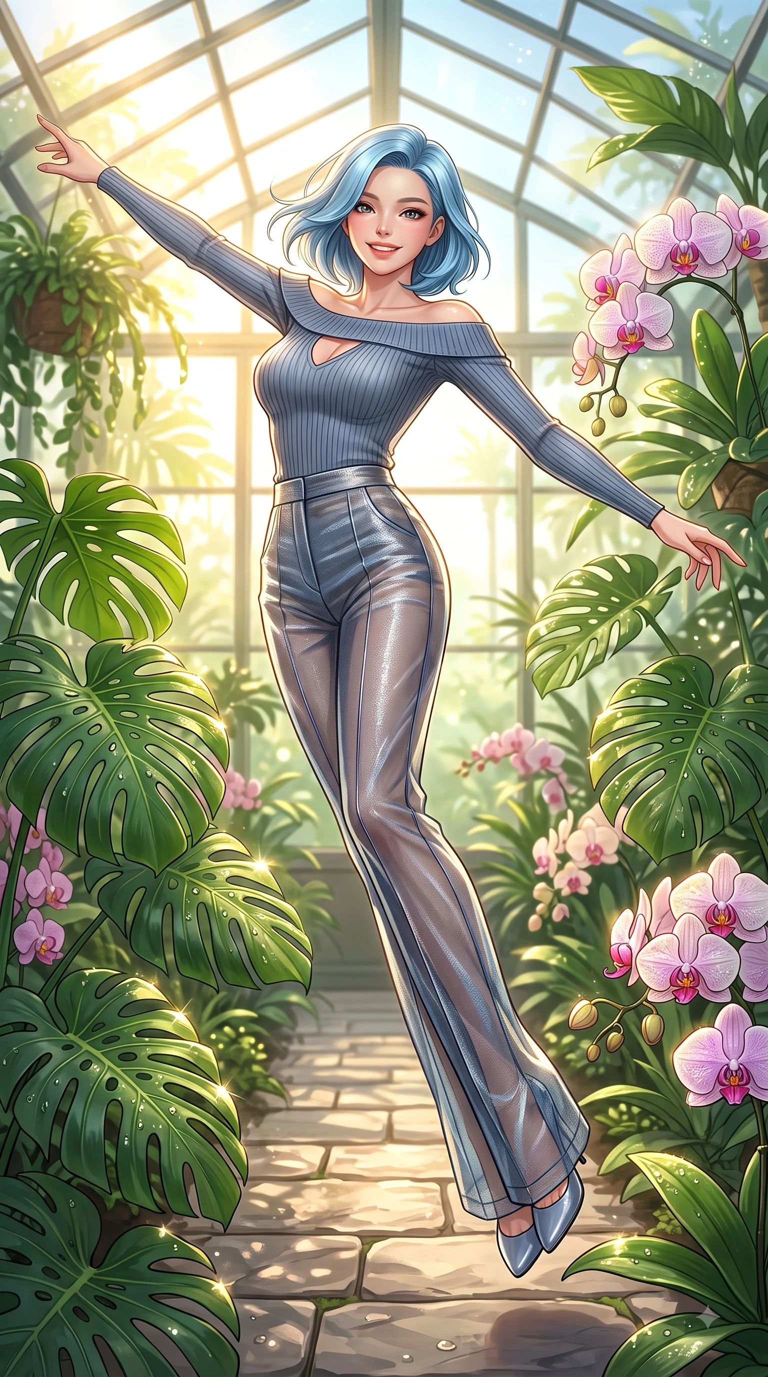 score_9, masterpiece, best quality, ultra-detailed, high-budget anime keyframe, editorial fashion photography, tasteful artistic composition, Korean woman. low angle full-body shot from head to toe showing her feet, filling the entire 9:16 vertical frame with her statuesque presence, stretching her vertical silhouette. performing a cheerful mid-air rotation with flawless poise, her radiant smile capturing fresh college girlhood energy while walking along a stone path in a lush botanical greenhouse surrounded by tropical green palms, dewdrops on lush green Monstera leaves and orchids scattering bright specular highlights. She has an absolutely perfect, statuesque 8.5-heads proportion, an exceptionally tall and slender model-like female figure with impossibly long slender legs and an ultra-slim waist. sharp v-shaped jawline, high-bridge nose, intricate jewel-like eyes with depth, thick eyelashes, glossy lips with a natural sheen, flawlessly proportioned anatomical accuracy, natural body alignment, perfectly sculpted elegant limbs, clean dynamic posture without body distortion. wearing a sleek off-shoulder ribbed knit top paired with high-waist tailored pants in slate blue and metallic silver, woven from fine semi-opaque sheer organza, accented with a Tasteful chest slit framing her clavicle gracefully, the tailored fabric tightly following every curve of her athletic build. bathed in brilliant golden sunlight and fresh green botanical ambient glow. highly saturated vibrant anime colors, detailed shading with soft gradients, rich glossy textures, high-contrast stereoscopic depth, volumetric dynamic lighting, master piece, 9:16 ratio