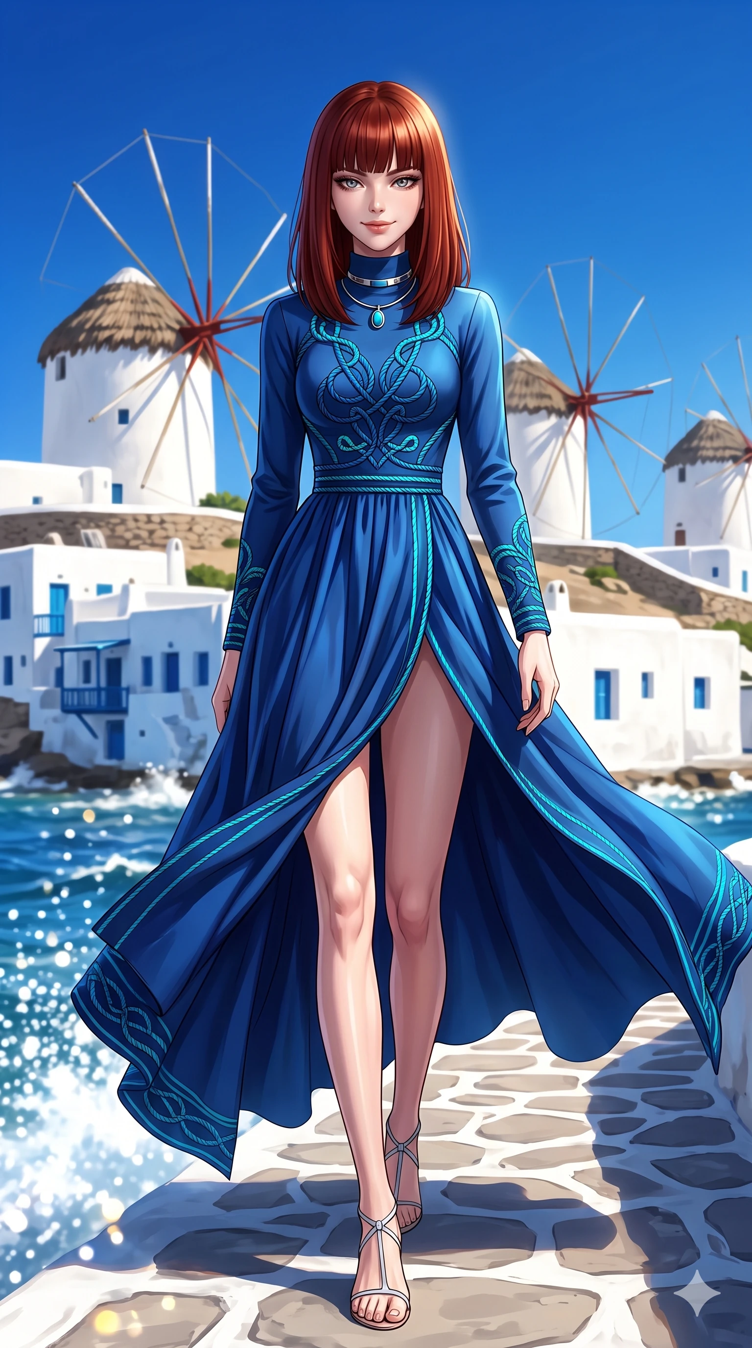 score_9, masterpiece, best quality, ultra-detailed, high-budget anime keyframe, semi-realistic 3D game render, editorial fashion photography, tasteful artistic composition, Caucasian woman. low angle full-body shot from head to toe showing her feet, filling the entire 9:16 vertical frame with her statuesque presence, stretching her vertical silhouette. stepping forward in a confident stride, her long slender legs and curvaceous hips creating a dynamic, sweeping vertical line while twisting her slender torso in an alluring contrapposto stance on the windy windmill crest, Aegean sea gales whipping her silk garments open around her long slender legs. The background shows a soft-focus iconic thatched-roof whitewashed windmills, Little Venice cliff houses, and sapphire waves blurred into pure white, cobalt, and gold bokeh. She has an absolutely perfect, statuesque 8.5-heads proportion, an exceptionally tall and slender model-like female figure with impossibly long slender legs, an ultra-slim waist, a flat toned midriff, narrow delicate ribcage, and beautifully sculpted feminine hips creating a graceful, slim hourglass silhouette without any bulky heaviness. sharp v-shaped jawline, high-bridge nose, sparkling eyes with hypnotic seductive depth, thick curled eyelashes, glossy parted lips with a natural dewy peach sheen, alluring bedroom-eyes with an enchanting coquettish smile, exuding magnetic siren charisma and sophisticated glamour, flawlessly proportioned anatomical accuracy, strict slender model proportions, natural body alignment, perfectly sculpted long slender limbs, ultra-slim waistline, clean dynamic posture without body distortion. wearing a prestigious high-neck long-sleeve silk resort maxi gown with modest silhouette and nautical rope embroidery in deep Capri grotto sapphire and glowing electric teal, tailored from crisp high-density nautical cotton poplin with pristine structural hold, finished with a minimalist chrome choker and a single turquoise stone pendant, the bespoke structured tailoring following the natural line of her 8.5-heads silhouette with refined elegance. bathed in the blinding, high-key Aegean daylight reflecting brilliantly off chalk-white stucco walls with crisp azure sky contrast. highly saturated vibrant anime colors, detailed shading with soft gradients, rich glossy textures, high-contrast stereoscopic depth, volumetric dynamic lighting, master piece, 9:16 ratio