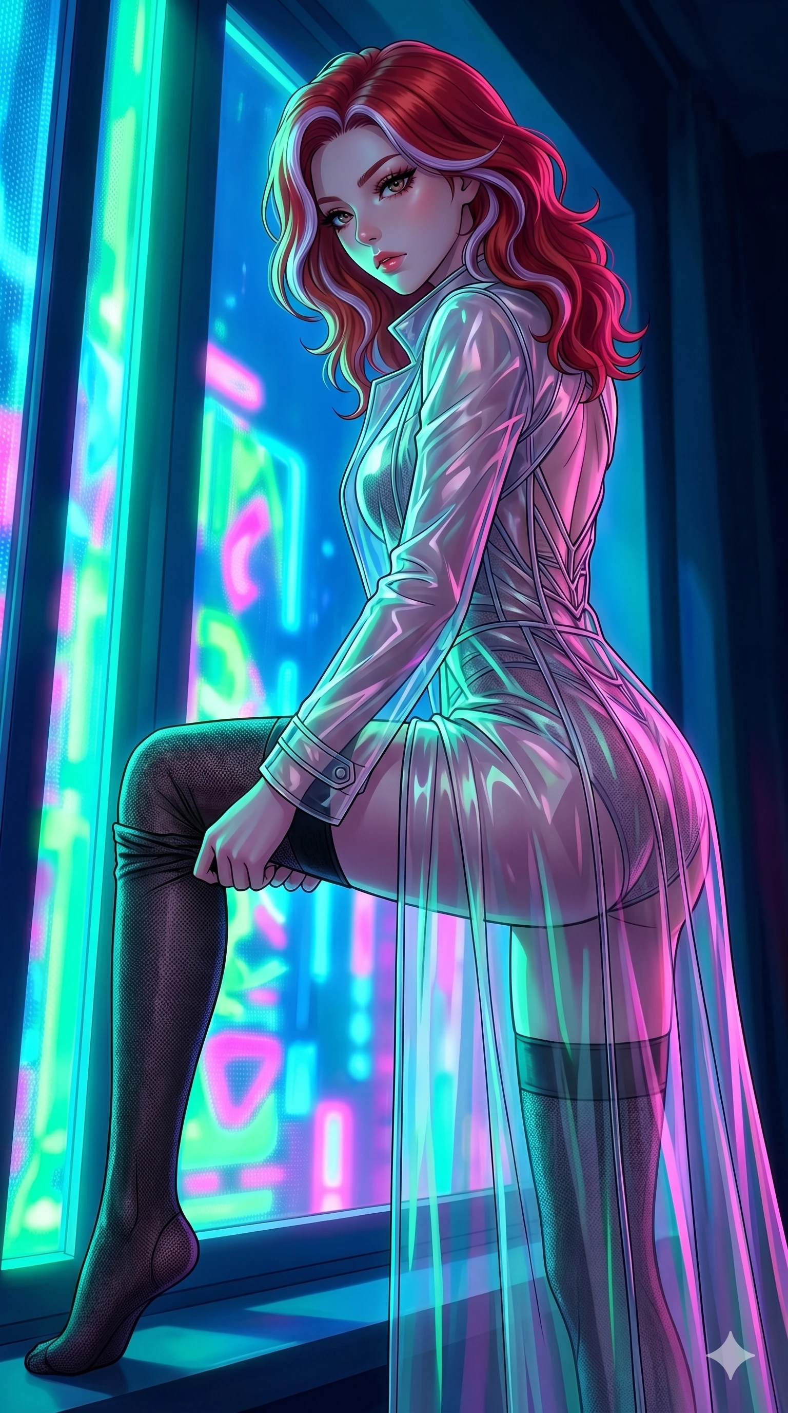 score_9, masterpiece, best quality, ultra-detailed, High-budget Anime Keyframe, East Asian woman. Low angle cowboy shot filling the entire 9:16 frame with her statuesque presence. Scenario 187: Adjusting her thigh-high stocking by a glowing neon window. Her presence is magnetic and overpowering in this high-budget anime scene. Outfit 187: A translucent PVC long with a backless design and translucent layers. The clothing is designed to emphasize her exceptionally tall and slender 8-heads proportion. 8-heads proportion, towering silhouette, ultra-slim waist. sharp v-shaped jawline, intricate jewel-like eyes with depth, thick eyelashes, glossy lips. 2k, ultra detail, master piece, 9:16 ratio