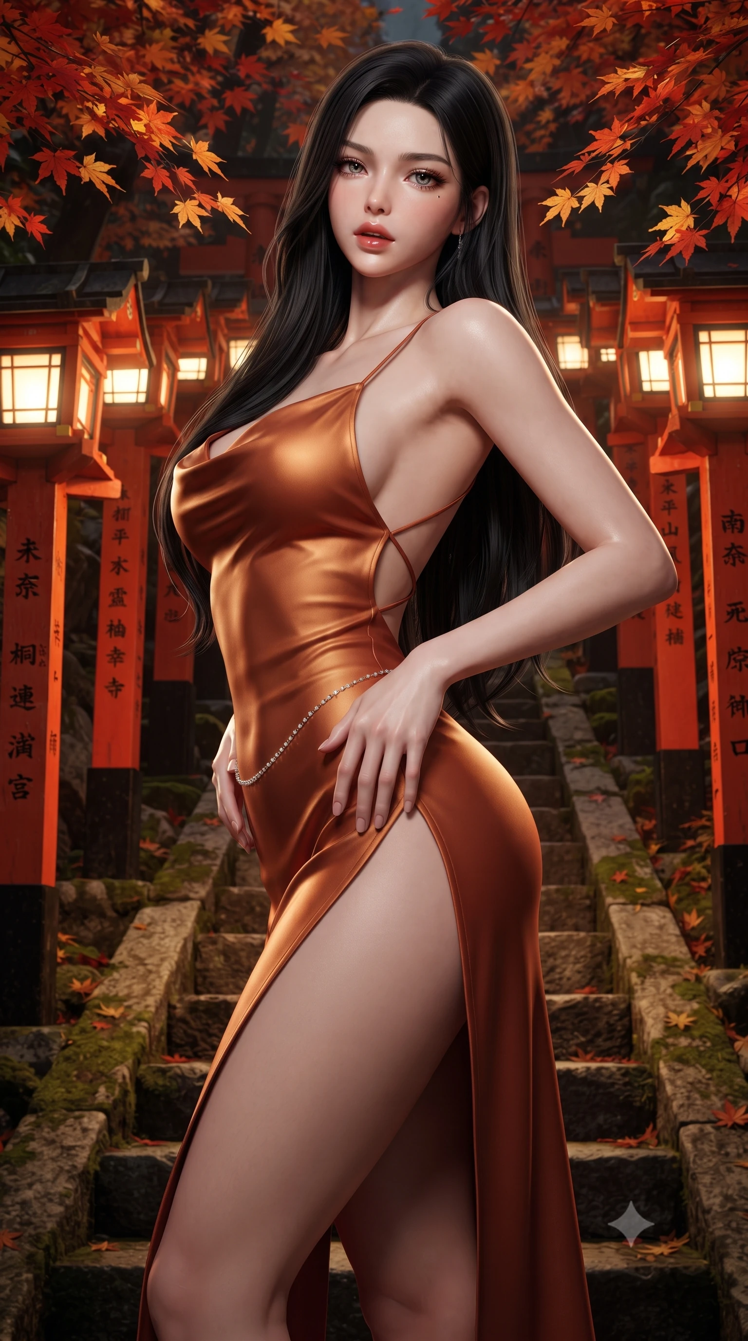 score_9, masterpiece, best quality, ultra-detailed, high-budget anime keyframe, semi-realistic 3D game render, editorial fashion photography, tasteful artistic composition, Korean woman. close-up cowboy shot from the waist and thighs up, the character dominates the composition, filling the frame with her large presence. arching her spine backward with effortless dancer poise, one hand sliding along her hip line as directional light carves specular highlights along her silhouette while standing poised on the ancient stone steps between glowing stone lanterns, twisting her slender torso in an alluring S-curve as autumn maple leaves fall. The surrounding environment is rendered in vivid detail and crisp panoramic clarity. sharp vermilion pillar lacquer texture, carved black kanji donor inscriptions, and stone step moss in deep focus. She has an exceptionally elegant, slender, and willowy female figure with an ultra-slim waist, flat toned midriff, narrow ribcage, and sculpted feminine hips creating an alluring, slim hourglass silhouette without bulk. sharp v-shaped jawline, high-bridge nose, intricate jewel-like eyes with depth, thick eyelashes, glossy parted lips with a natural sheen, intensely captivating and seductive bedroom-eyes expression, flawlessly proportioned anatomical accuracy, strict slender model proportions, natural body alignment, perfectly sculpted long slender limbs, ultra-slim waistline, clean dynamic posture without body distortion. wearing a backless cowl-neck satin slip dress featuring high-cut side hip slits and delicate criss-cross back straps in molten desert gold and burnt terracotta, tailored from liquid silk jersey adhering flawlessly to her slender build, accented with a dainty diamond waist chain catching the ambient light reflections, the glove-like aerodynamic silhouette tightly following the natural contour of her hips and long slender legs with statuesque 8.5-heads elegance. illuminated by delicate directional lantern light sharply defining her sculpted collarbones, narrow waist, and curvy hips. highly saturated vibrant anime colors, detailed shading with soft gradients, rich glossy textures, high-contrast stereoscopic depth, volumetric dynamic lighting, master piece, 9:16 ratio