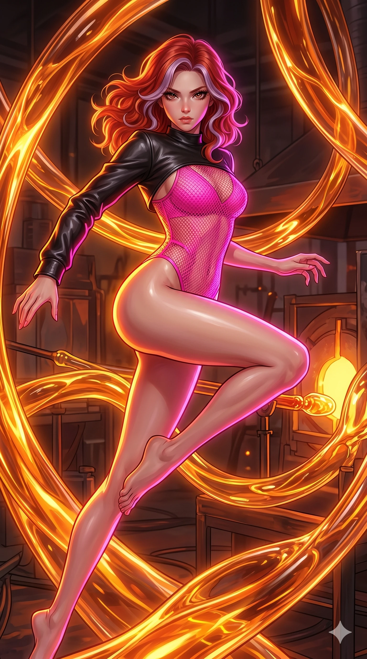 score_9, masterpiece, best quality, ultra-detailed, high-budget anime keyframe, Japanese woman. upper body close-up from the thighs up, character filling the screen for maximum presence. bounding through a molten glass art studio where twisting, glowing amber glass tubes rotate like fluid rivers in a heated environment. She has an absolutely perfect 8-heads proportion, an exceptionally tall and slender female figure with impossibly long slender legs and an ultra-slim waist. V-shaped jawline, high-bridge nose, intricate jewel-like eyes with depth, thick eyelashes, glossy lips with a natural sheen.. wearing a fluorescent pink mesh bodysuit, styled with a cropped single-sleeve black leather shrug for a bold stage look. bathed in brilliant cinematic volumetric lighting and intense neon rim light highlighting her slender form. 2k, ultra detail, master piece, 9:16 ratio