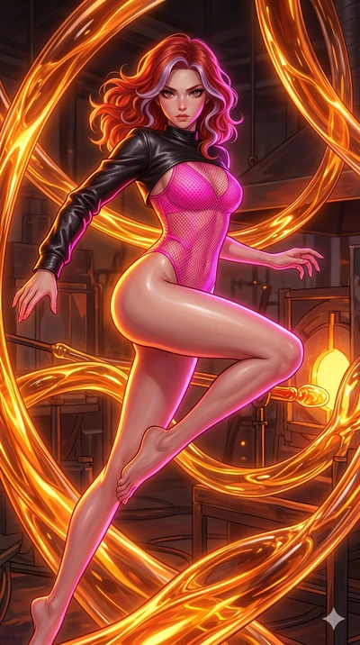 score_9, masterpiece, best quality, ultra-detailed, high-budget anime keyframe, Japanese woman. upper body close-up from the thighs up, character filling the screen for maximum presence. bounding through a molten glass art studio where twisting, glow