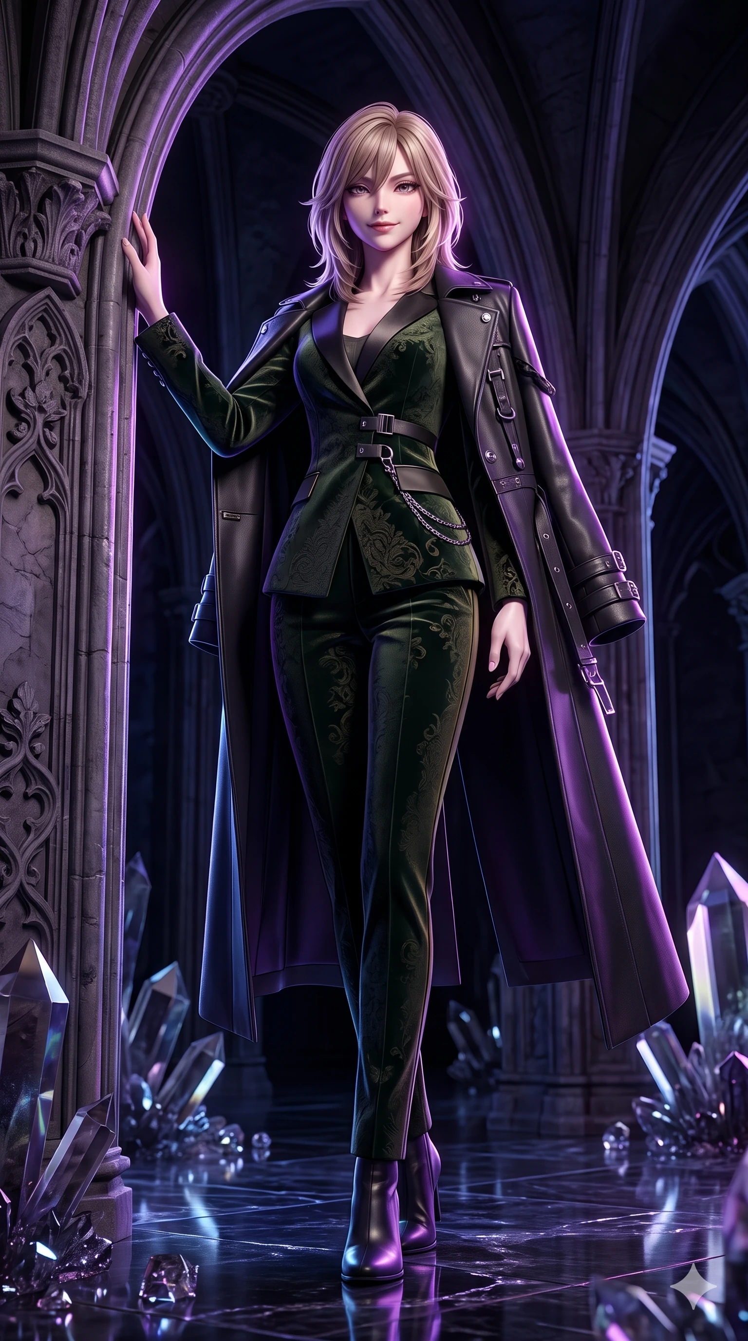 score_9, masterpiece, best quality, ultra-detailed, high-budget anime keyframe, semi-realistic 3D game render, editorial fashion photography, tasteful artistic composition, Japanese woman. low angle full-body shot from head to toe showing her feet, filling the entire 9:16 vertical frame with her statuesque presence, stretching her vertical silhouette. standing tall beside the towering gothic arch, one hand resting high while arching her lower back to emphasize her sculpted feminine curves while standing tall on the reflective mineral floor, stretching her statuesque body with effortless sovereign poise as crystal reflections shimmer. The surrounding environment is rendered in vivid detail and crisp panoramic clarity: detailed structured dark leather coat drape, titanium buckle clasps, and geometric mineral formations in razor-sharp precision. She has an absolutely perfect, statuesque 8.5-heads proportion, an exceptionally tall and slender model-like female figure with impossibly long slender legs, an ultra-slim waist, a flat toned midriff, narrow delicate ribcage, and beautifully sculpted feminine hips creating a graceful, slim hourglass silhouette without any bulky heaviness. sharp v-shaped jawline, high-bridge nose, intricate jewel-like dark sparkling eyes with hypnotic seductive depth, thick curled eyelashes, glossy parted lips with a natural wine sheen, alluring bedroom-eyes with an enigmatic smoldering smile, exuding magnetic sovereign charisma and dark avant-garde glamour, flawlessly proportioned anatomical accuracy, strict slender model proportions, natural body alignment, perfectly sculpted long slender limbs, ultra-slim waistline, clean dynamic posture without body distortion. wearing a refined dark velvet pantsuit with satin lapels and tailored cigarette trousers in deep velvet forest green and antique brass, tailored from rich silk jacquard with subtle embossed baroque patterns, framed by dark titanium buckles and silver chain details, accentuating her gracefully sculpted slender torso and statuesque proportions. illuminated by crystalline floor bounce and sharp amethyst-violet rim lights defining her razor-sharp jawline, narrow waist, and curvy hips. highly saturated vibrant anime colors, detailed shading with soft gradients, rich glossy textures, high-contrast stereoscopic depth, volumetric dynamic lighting, master piece, 9:16 ratio