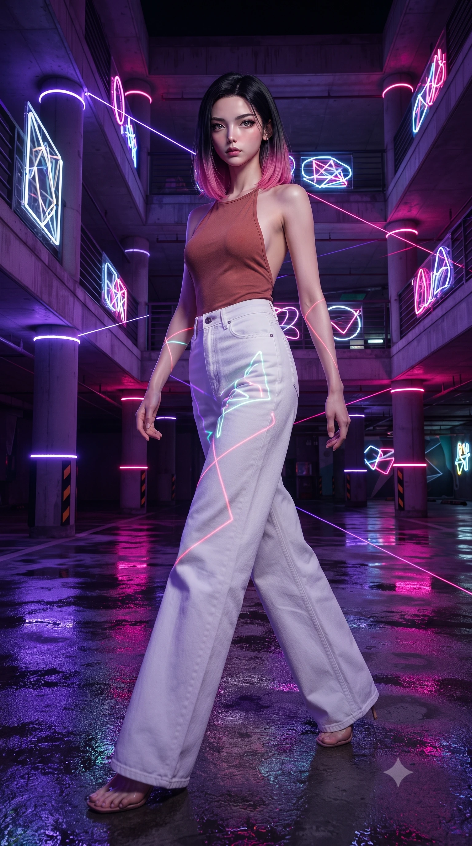 score_9, masterpiece, best quality, ultra-detailed, high-budget anime keyframe, editorial fashion photography, tasteful artistic composition, Korean woman. low angle full-body shot from head to toe showing her feet, filling the entire 9:16 vertical frame with her statuesque presence, stretching her vertical silhouette. navigating with fluid motion through a multi-story parking garage transformed by contemporary art installations with every concrete column wrapped in programmable color-changing LED strips and neon tube art pieces casting vivid pools of light on glossy wet concrete. She has a statuesque 8.5-heads proportion, an exceptionally tall, slender and willowy model-like build with impossibly long legs and a highly sculpted ultra-slim waist. sharp v-shaped jawline, high-bridge nose, intricate jewel-like eyes with depth, thick eyelashes, glossy lips with a natural sheen. wearing a backless halter-neck top in muted terracotta, paired with high-waisted white denim trousers. laser lines of violet and hot pink reflecting off surfaces casting geometric neon highlights. 2k, ultra detail, master piece, 9:16 ratio