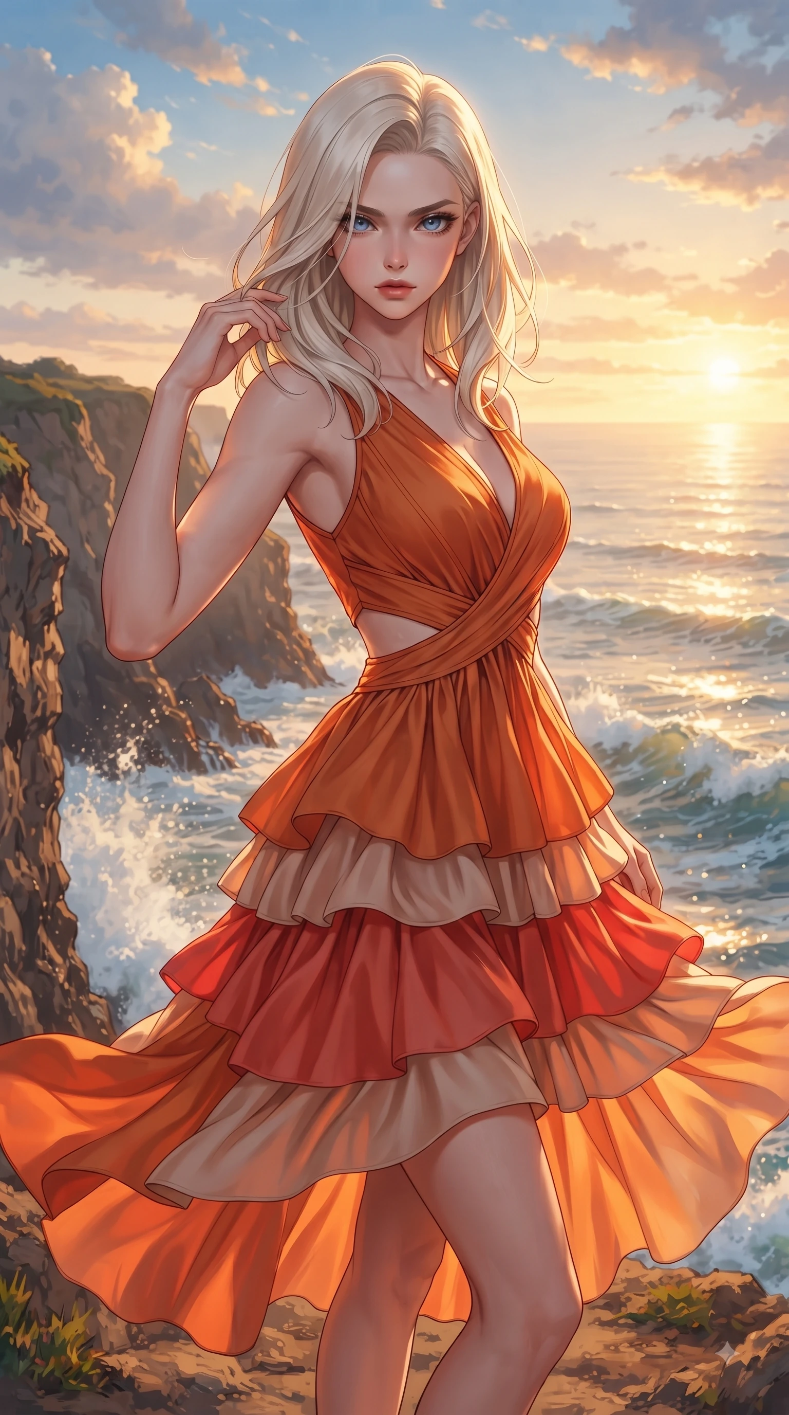 score_9, masterpiece, best quality, ultra-detailed, high-budget anime keyframe, editorial fashion photography, tasteful artistic composition, Caucasian woman. close-up cowboy shot from the waist and thighs up, the character dominates the composition, filling the frame with her large presence. Haughty, chic expression with a poised chin-tilt and an aloof, magnetic gaze commanding attention while standing dramatically on a seaside cliff edge as golden sunset light paints the crashing ocean waves. The surrounding environment is rendered in vivid detail and crisp panoramic clarity. dramatic sea cliff textures, splashing wave foam, and vibrant sunset sky clouds in panoramic clarity. She has an exceptionally elegant, slender, and willowy female figure with an ultra-slim waist, a gracefully sculpted slender torso, and a refined silhouette. sharp v-shaped jawline, high-bridge nose, intricate jewel-like eyes with depth, thick eyelashes, glossy lips with a natural sheen, flawlessly proportioned anatomical accuracy, natural body alignment, perfectly sculpted elegant limbs, clean dynamic posture without body distortion. wearing a vibrant burnt orange chiffon tiered dress fluttering dynamically in the breeze in vibrant coral red and soft beige, crafted from smooth liquid silk satin, complemented by clean architectural seams and subtle cutouts, the form-contouring material accentuating her ultra-slim waist and long lines. bathed in glorious golden hour sunset backlighting and sparkling ocean refractions. ultra-reflective glossy finish, specular highlights, metallic sheen, high-contrast stereoscopic depth, volumetric dynamic lighting, 2k, ultra detail, master piece, 9:16 ratio