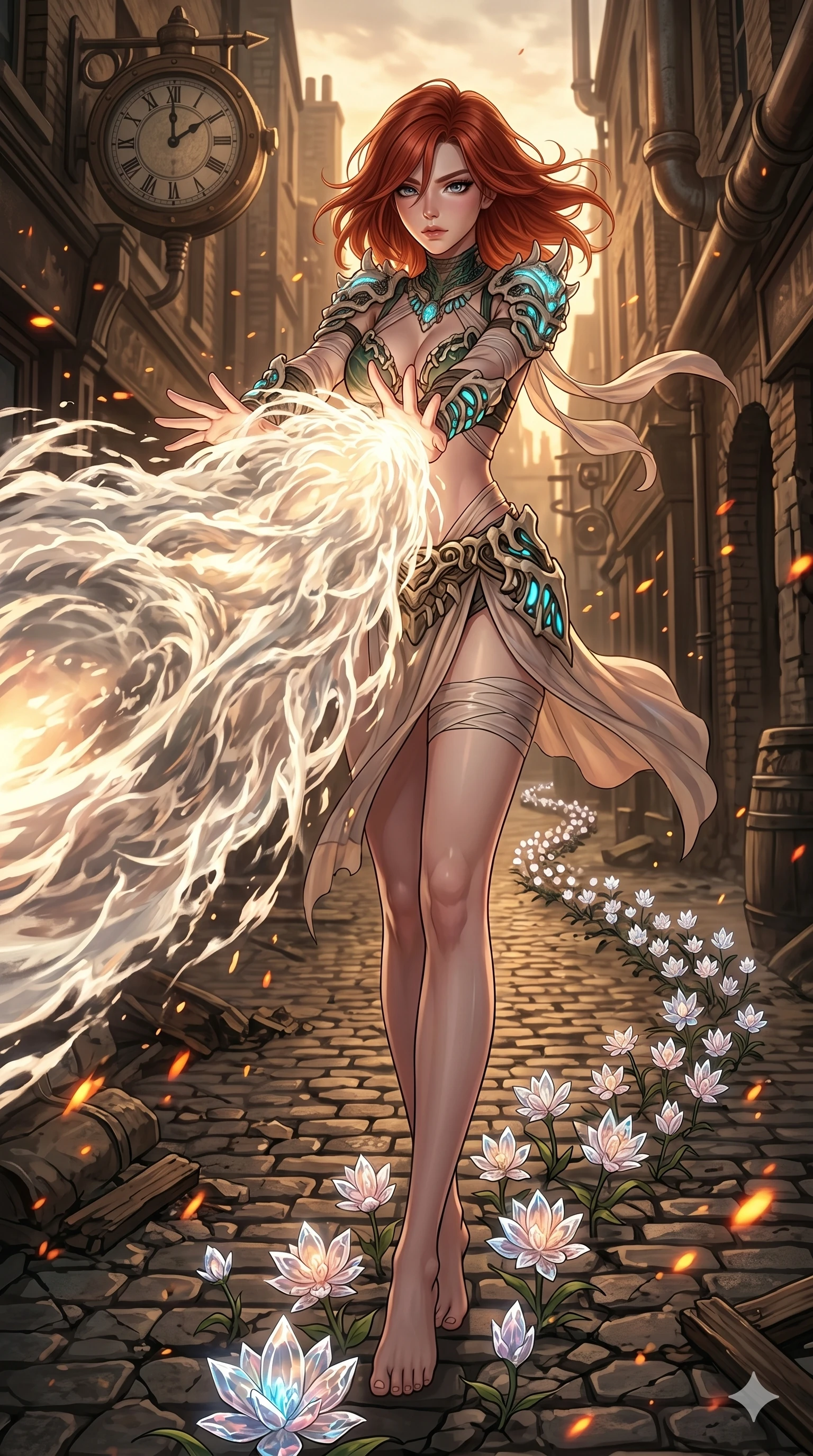 score_9, masterpiece, best quality, ultra-detailed, Set A: High-budget Anime Keyframe, Korean woman. Low angle cowboy shot filling the entire 9:16 frame with her statuesque presence. Theme: Urban Decay. unleashing a massive energy wave in a steampunk London alleyway, while she leaves a trail of 166 blooming crystal flowers. The atmosphere is filled with golden hour with floating embers. She has an absolutely perfect 8-heads proportion, an exceptionally tall and slender female figure with impossibly long slender legs and an ultra-slim waist. Sharp v-shaped jawline, high-bridge nose, intricate jewel-like eyes with depth, glossy lips. Wearing Primal jungle-warrior outfit with bioluminescent bone-armor and sheer silk wraps. Cinematic lighting, vivid colors, dramatic shadows, 2k, ultra detail, master piece, 9:16 ratio
