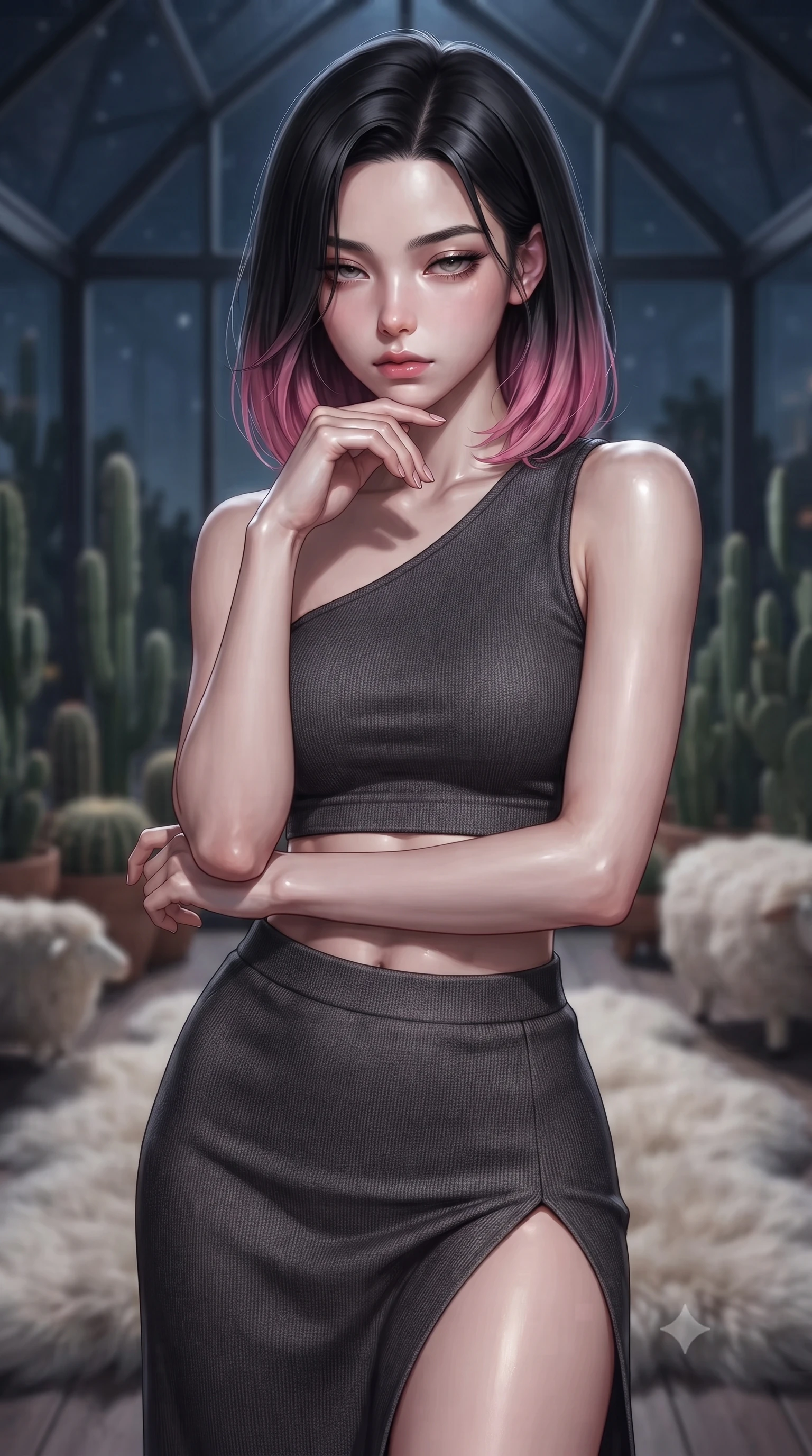 score_9, masterpiece, best quality, ultra-detailed, high-budget anime keyframe, editorial fashion photography, tasteful artistic composition, Korean woman. close-up cowboy shot from the waist and thighs up, the character dominates the composition, filling the frame with her large presence, background elements kept in soft focus. resting her chin on the backs of her fingers, casting a heavy-lidded, sultry look past the camera the background shows a soft-focus a glass-walled observatory filled with cacti and plush sheepskin rugs at night. She has an exceptionally elegant, slender, and willowy female figure with an ultra-slim waist, a gracefully sculpted slender torso, and a refined silhouette. sharp v-shaped jawline, high-bridge nose, intricate jewel-like eyes with depth, thick eyelashes, glossy lips with a natural sheen. wearing a tailored asymmetric one-shoulder crop top in charcoal knit, paired with a high-slit skirt. soft silver moonlight wrapping her silhouette in a cool cosmic glow. ultra-reflective glossy finish, specular highlights, metallic sheen, high-contrast stereoscopic depth, volumetric dynamic lighting, 2k, ultra detail, master piece, 9:16 ratio