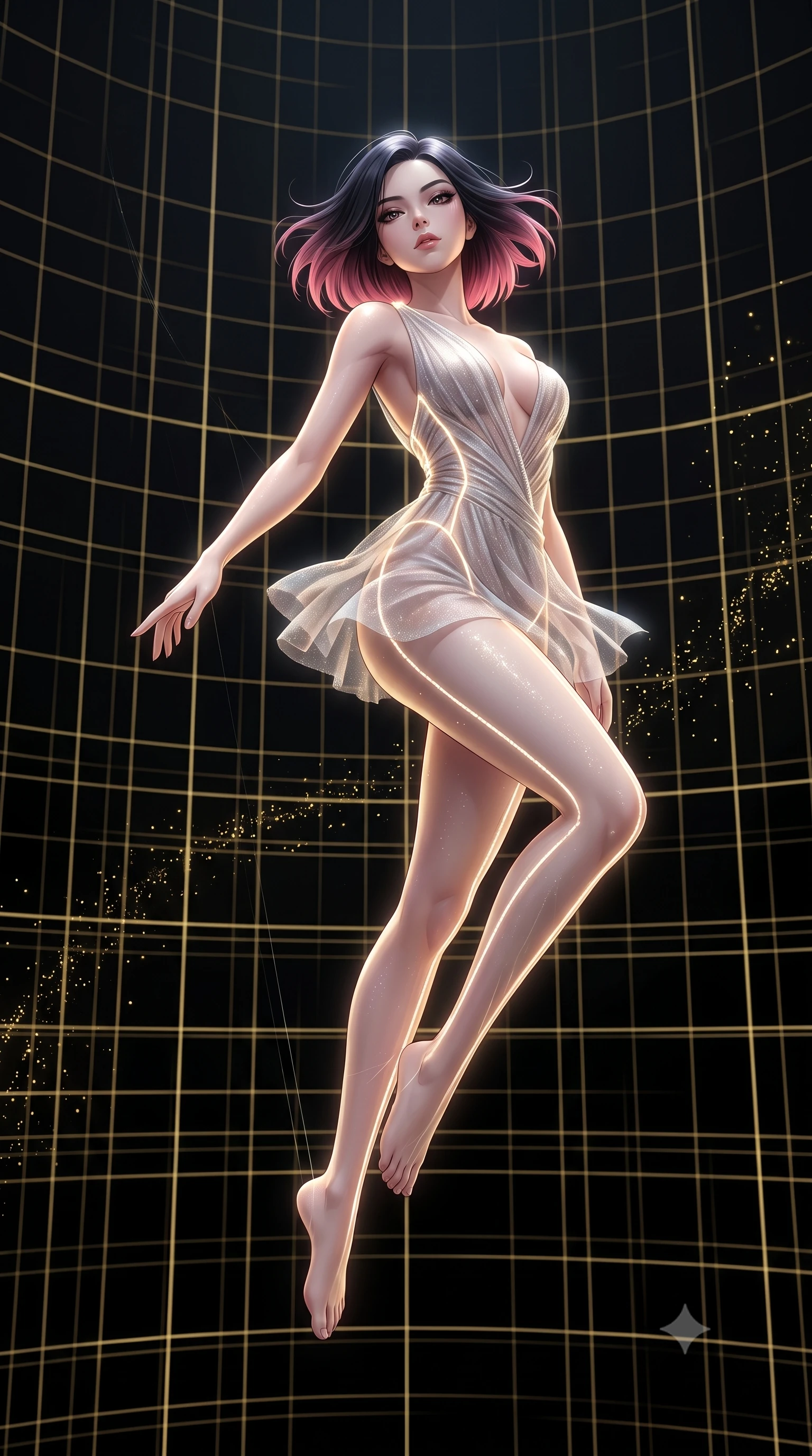 score_9, masterpiece, best quality, ultra-detailed, High-budget Anime Keyframe, East Asian woman. Low angle cowboy shot filling the entire 9:16 frame with her statuesque presence. Scenario 354: suspended by invisible silk threads inside a digital arena where gold gridlines project onto the black walls. Her presence is magnetic and overpowering in this high-budget anime scene. Outfit 354: a slim-fit shimmering chiffon bare with a low-cut shoulder and glowing LED seams. The clothing is designed to emphasize her exceptionally tall and slender 8-heads proportion. 8-heads proportion, towering silhouette, ultra-slim waist. sharp v-shaped jawline, intricate jewel-like eyes with depth, thick eyelashes, glossy lips. 2k, ultra detail, master piece, 9:16 ratio