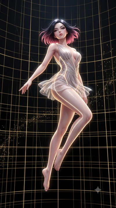 score_9, masterpiece, best quality, ultra-detailed, High-budget Anime Keyframe, East Asian woman. Low angle cowboy shot filling the entire 9:16 frame with her statuesque presence. Scenario 354: suspended by invisible silk threads inside a digital are