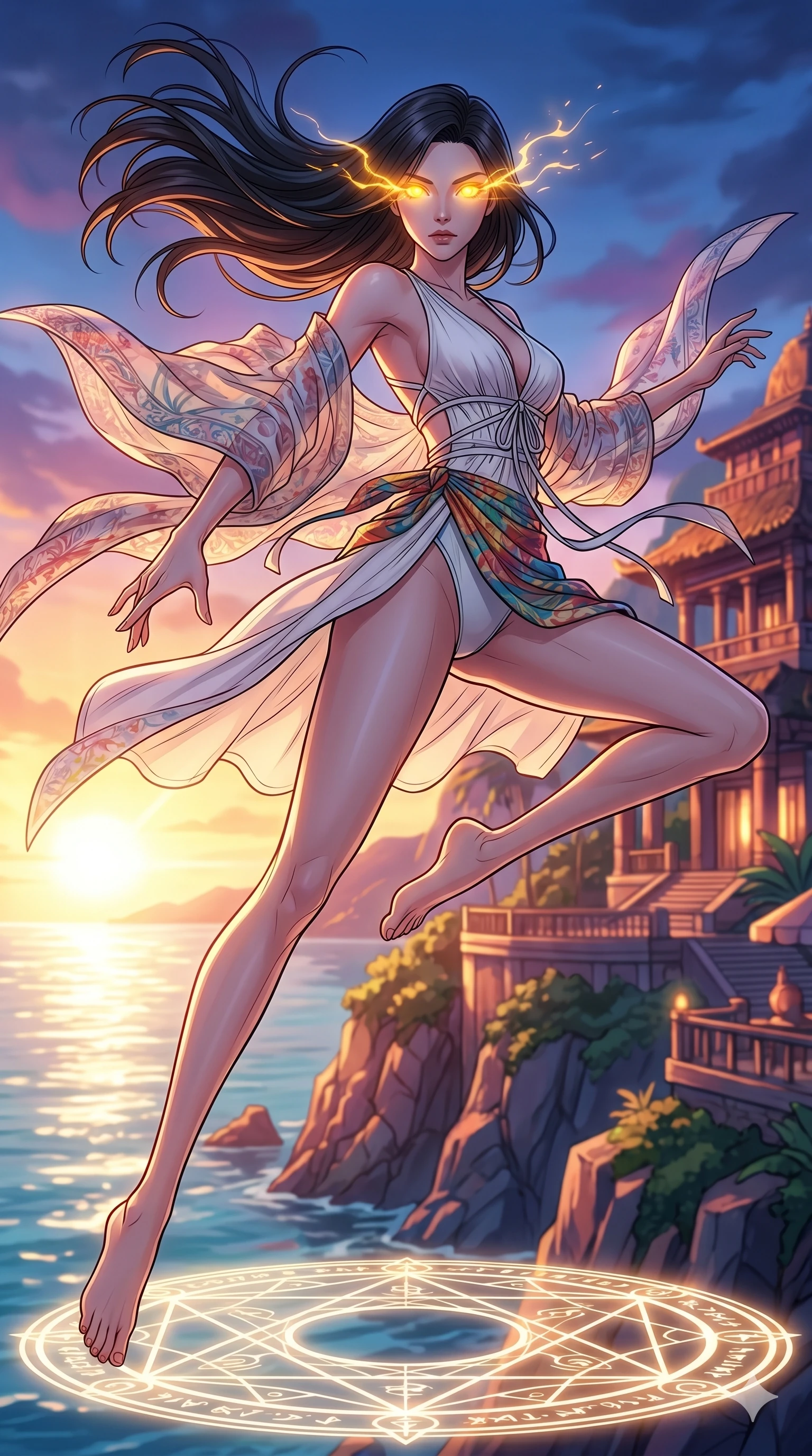score_9, masterpiece, best quality, ultra-detailed, high-budget anime movie keyframe, cinematic anime lighting, intricate line art, Caucasian (strictly human ears) woman. Dynamic full-body shot stretching the vertical silhouette with extreme perspective. casting a spell that makes her eyes glow with the light of a sun. She has an absolutely perfect 8-heads proportion, an exceptionally tall and slender female figure with an ultra-slim waist and impossibly long slender legs. strictly human anatomy, two legs only, no extra limbs, clearly defined legs and arms, perfect anatomy, perfect hands and fingers. sharp v-shaped jawline, high-bridge nose, intricate jewel-like eyes, thick eyelashes, glossy lips. Wearing Seasonal/Resort: High-cut one-piece with sarong, linen sundress with tie-back, and sheer fabric wrap. The scene is illuminated by dramatic atmospheric lighting and vibrant color palettes. , 2k, ultra detail, master piece, 9:16 ratio