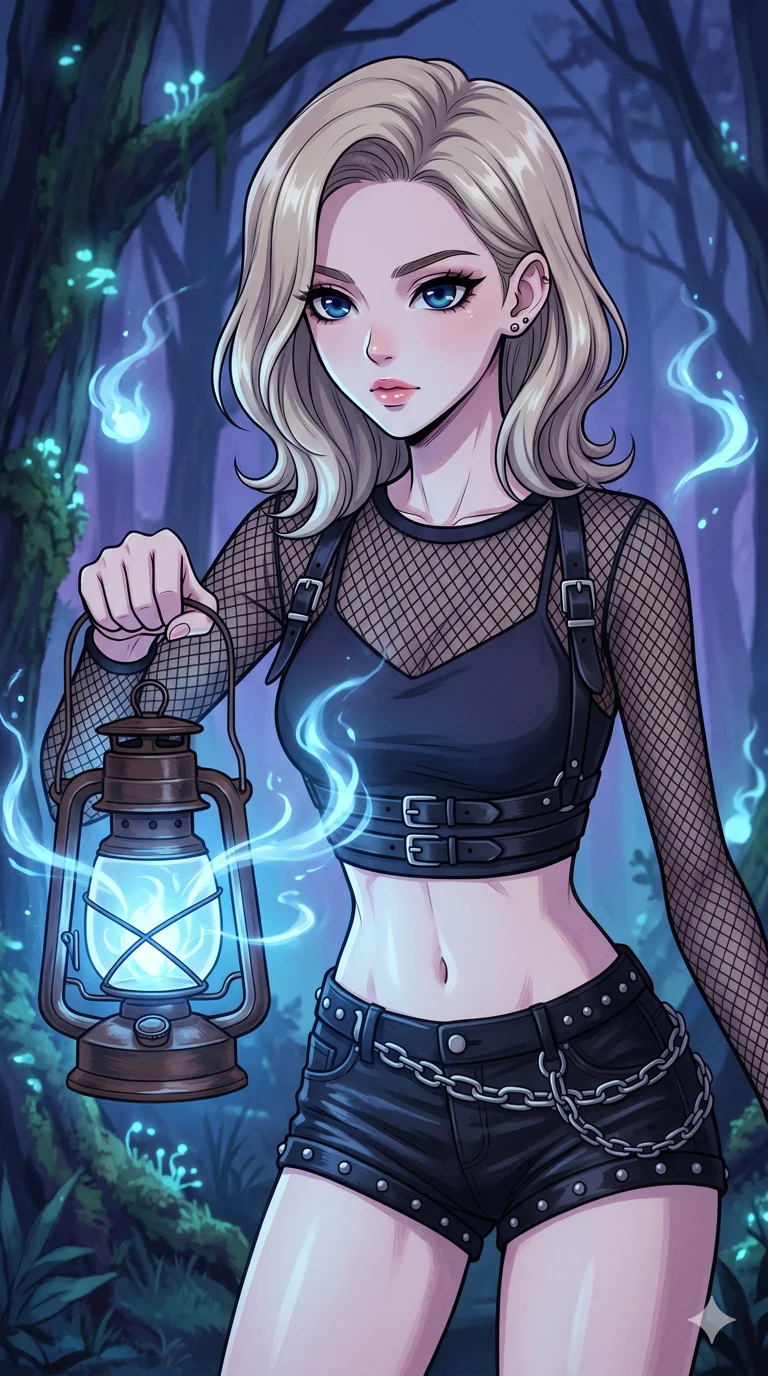 score_9, masterpiece, best quality, ultra-detailed, High-budget Anime Keyframe, beautiful Caucasian anime girl (strictly human ears). Upper body close-up from the thighs up, character filling the screen for maximum presence. Trapping swirling blue spirits into a glowing antique lantern held in her hand. She has an absolutely perfect 8-heads proportion, an exceptionally tall and slender female figure with impossibly long slender legs and an ultra-slim waist. Sharp v-shaped jawline, high-bridge nose, intricate jewel-like eyes with depth, thick eyelashes, glossy lips with a natural sheen. Wearing a K-Idol Stage outfit: studded micro-shorts and a mesh top with a leather harness. Background is a dark forest at twilight with wisps of soul-energy and bioluminescent flora. 2k, ultra detail, master piece, 9:16 ratio